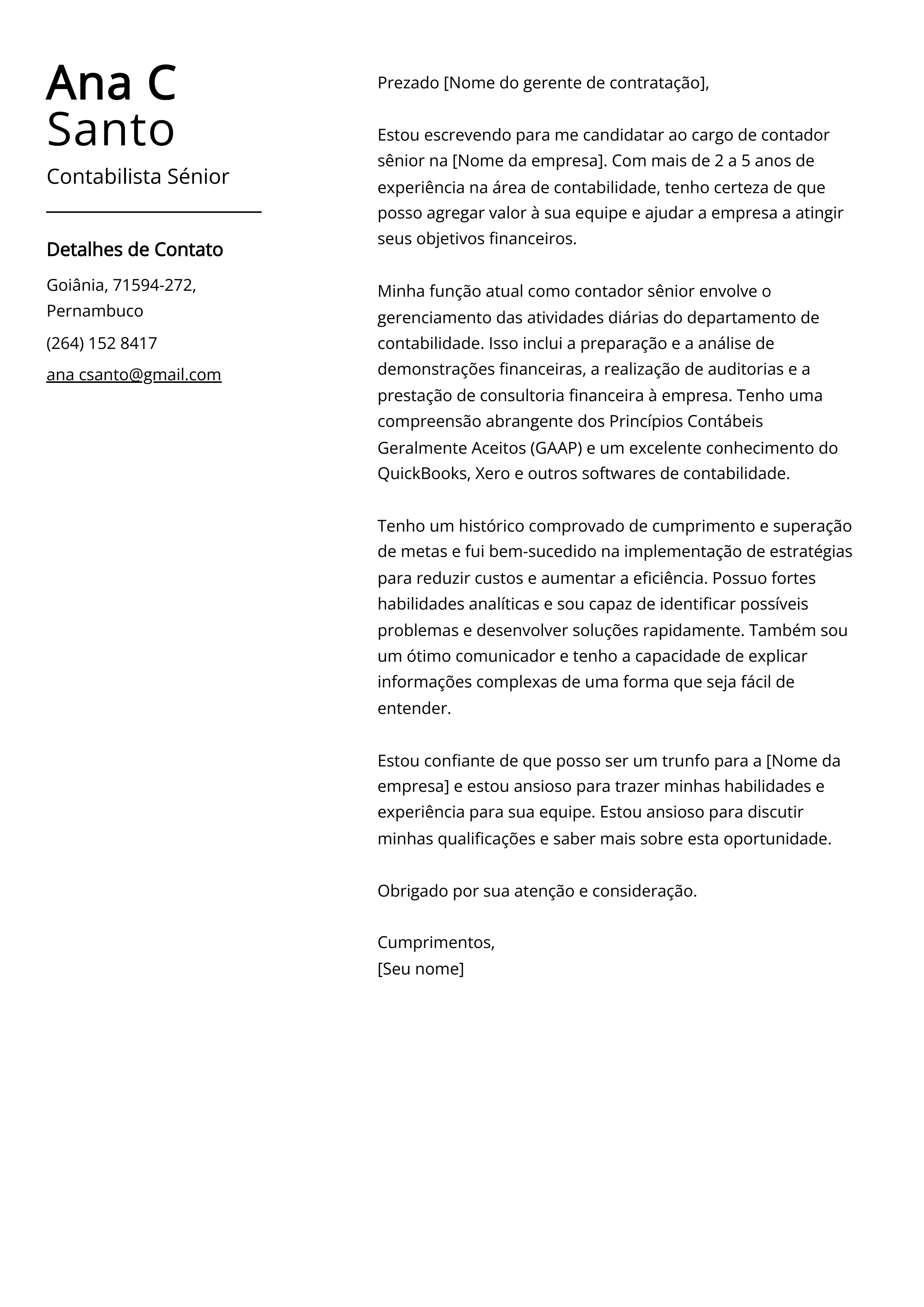 Exemplo de carta de apresentação de Contabilista Sênior