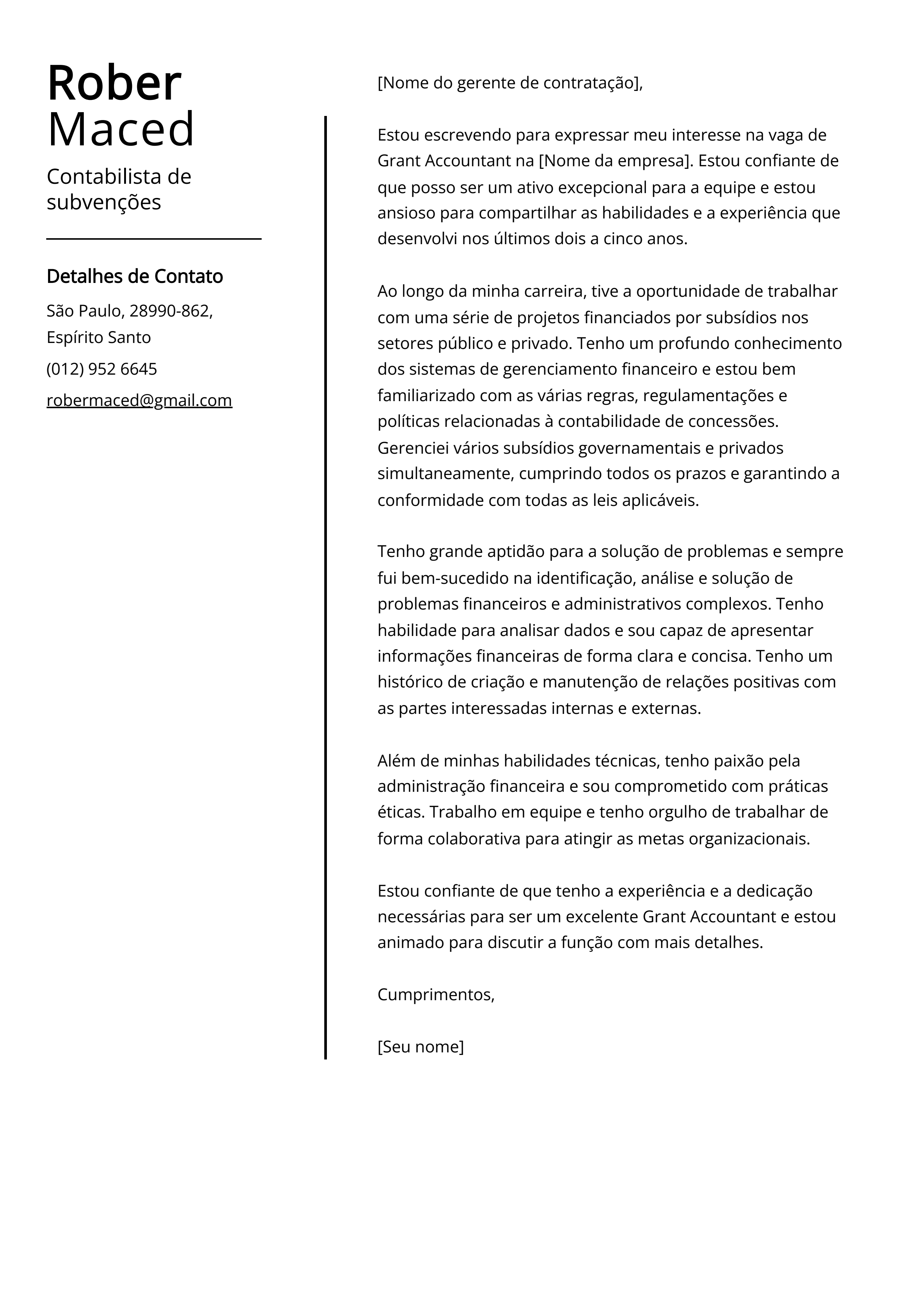 Exemplo de carta de apresentação do Contabilista de subvenções