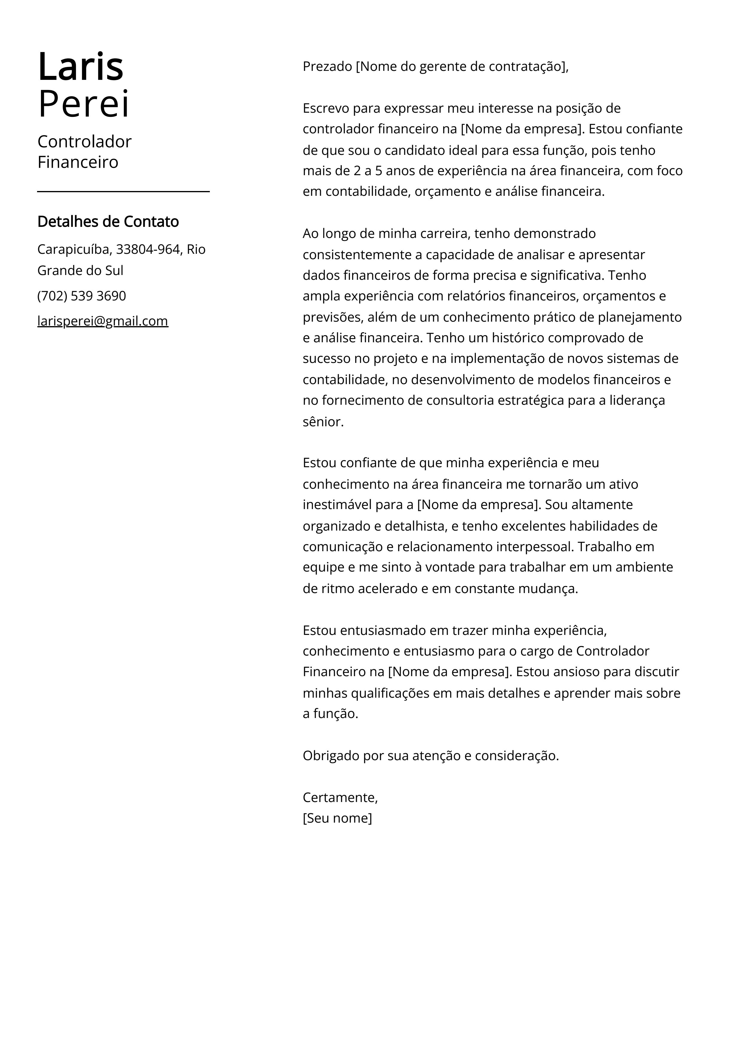 Exemplo de carta de apresentação do Controlador Financeiro