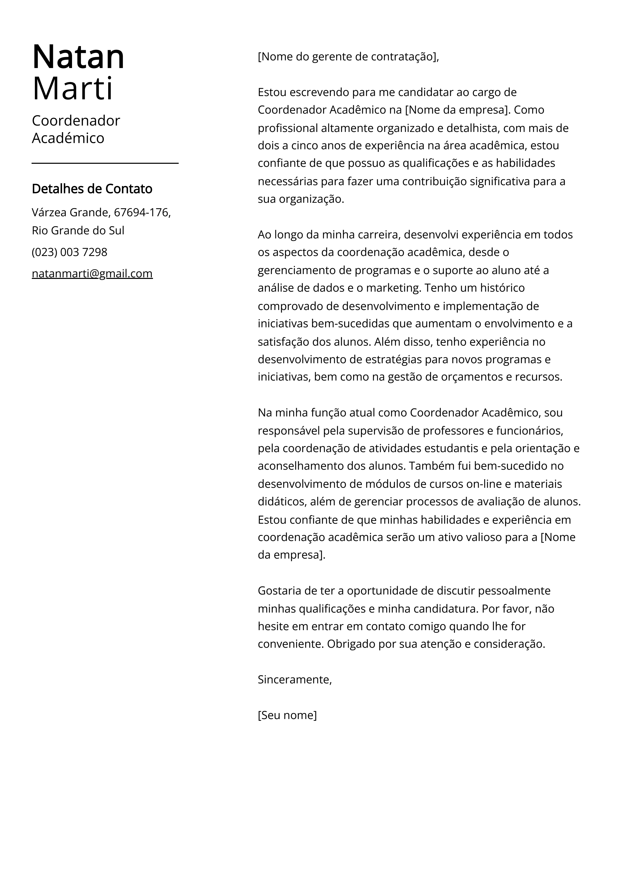 Exemplo de Carta de Apresentação de Coordenador Acadêmico