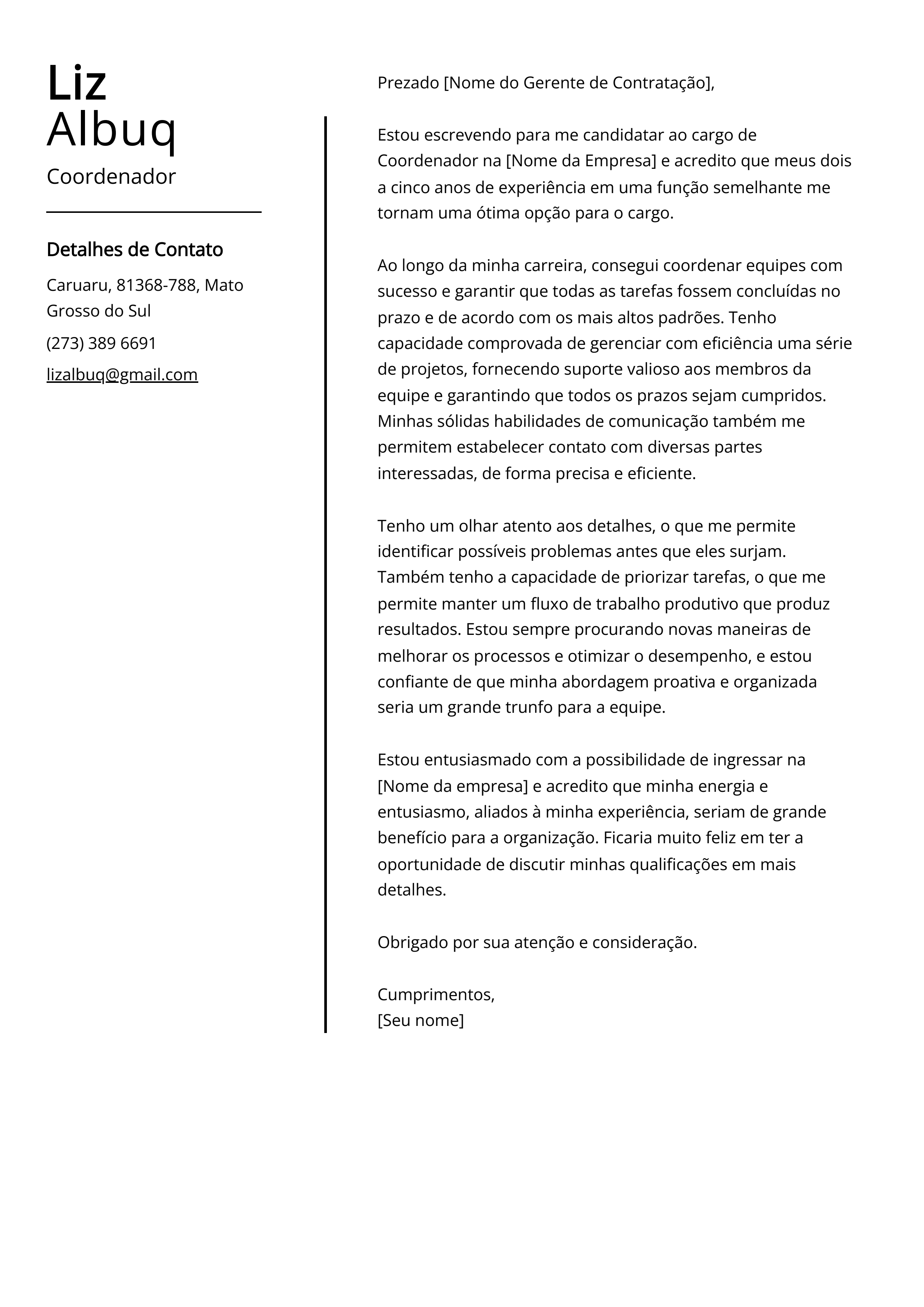 Exemplo de carta de apresentação do coordenador
