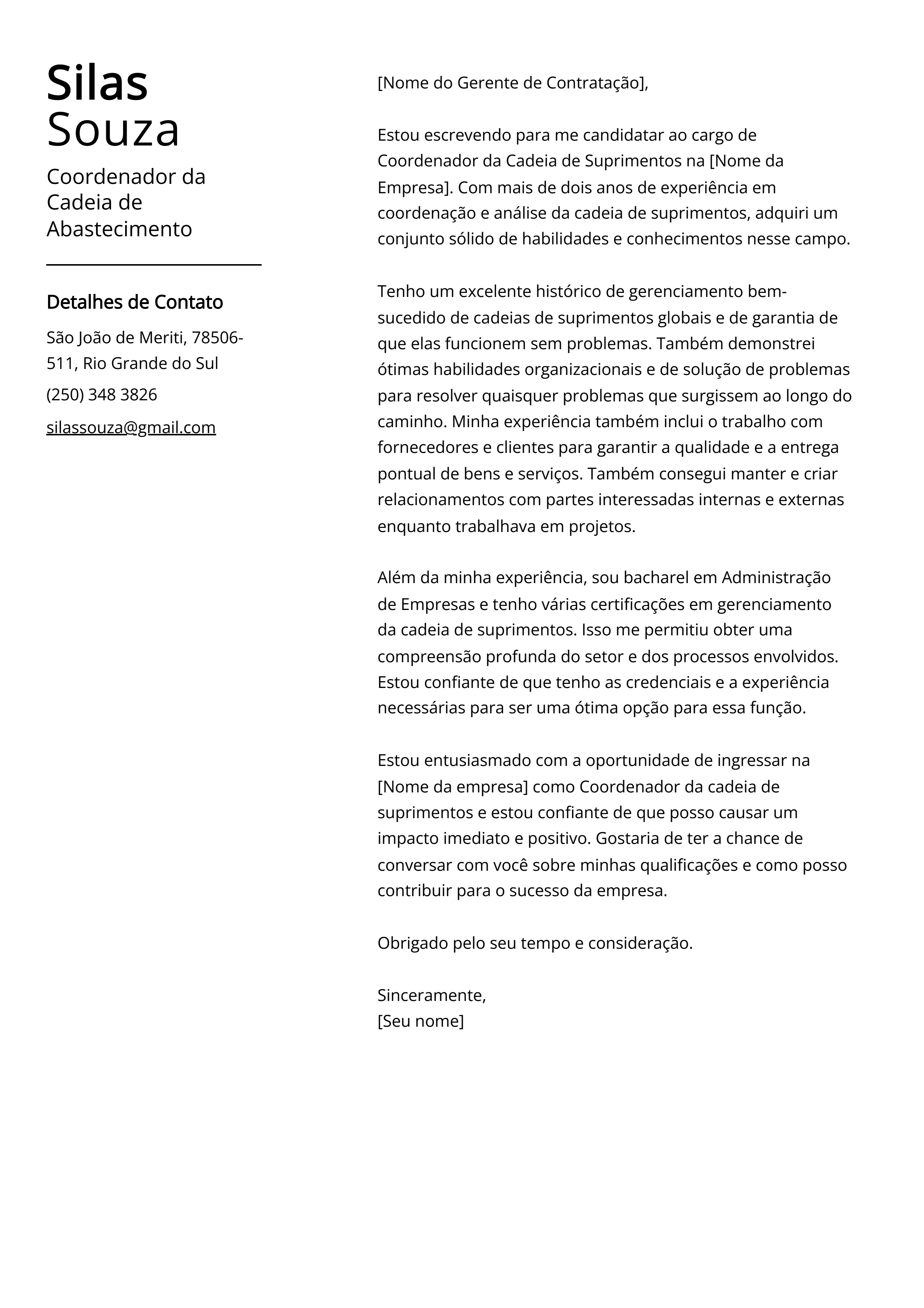 Exemplo de carta de apresentação do Coordenador da Cadeia de Abastecimento