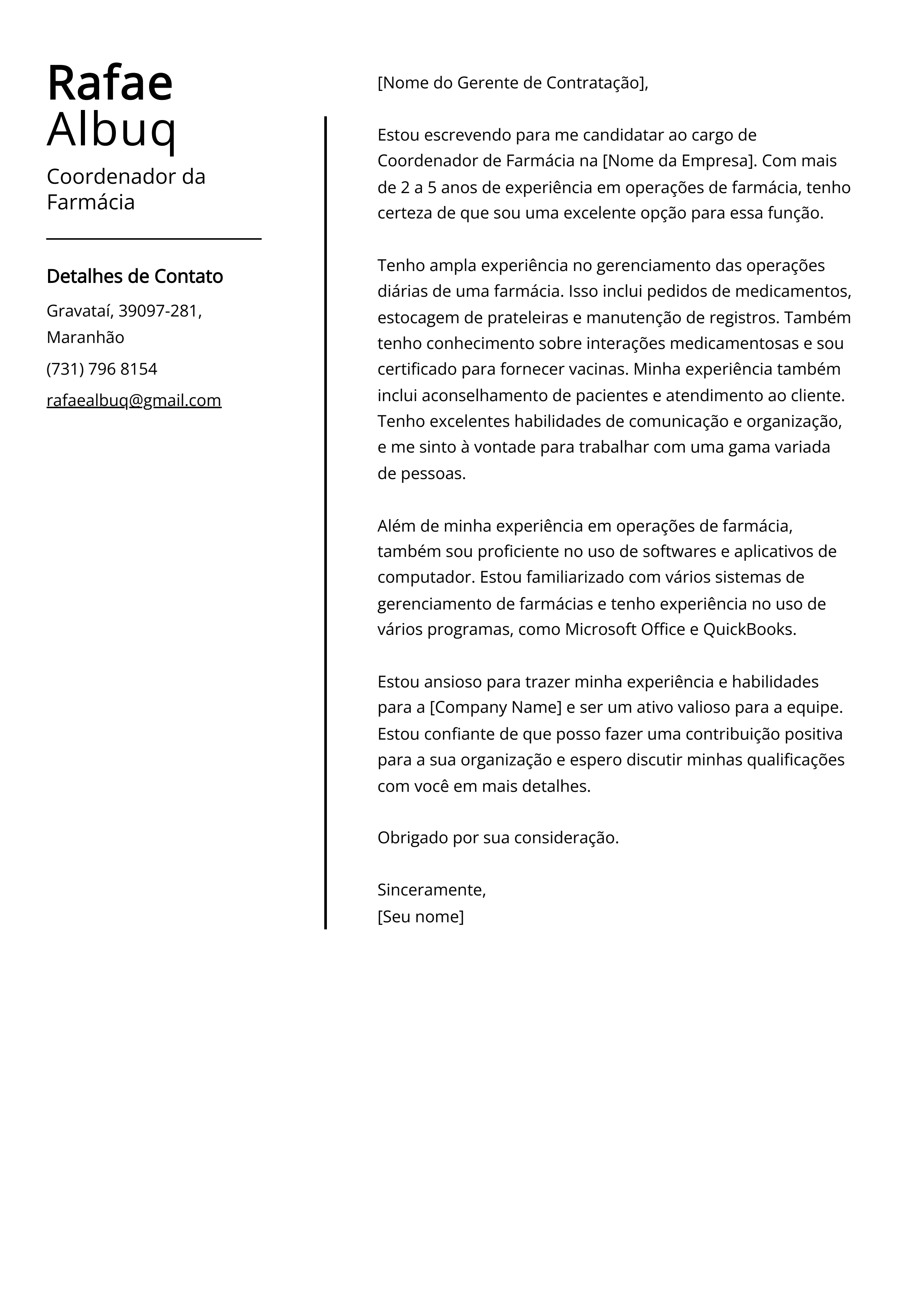 Exemplo de carta de apresentação do Coordenador da Farmácia