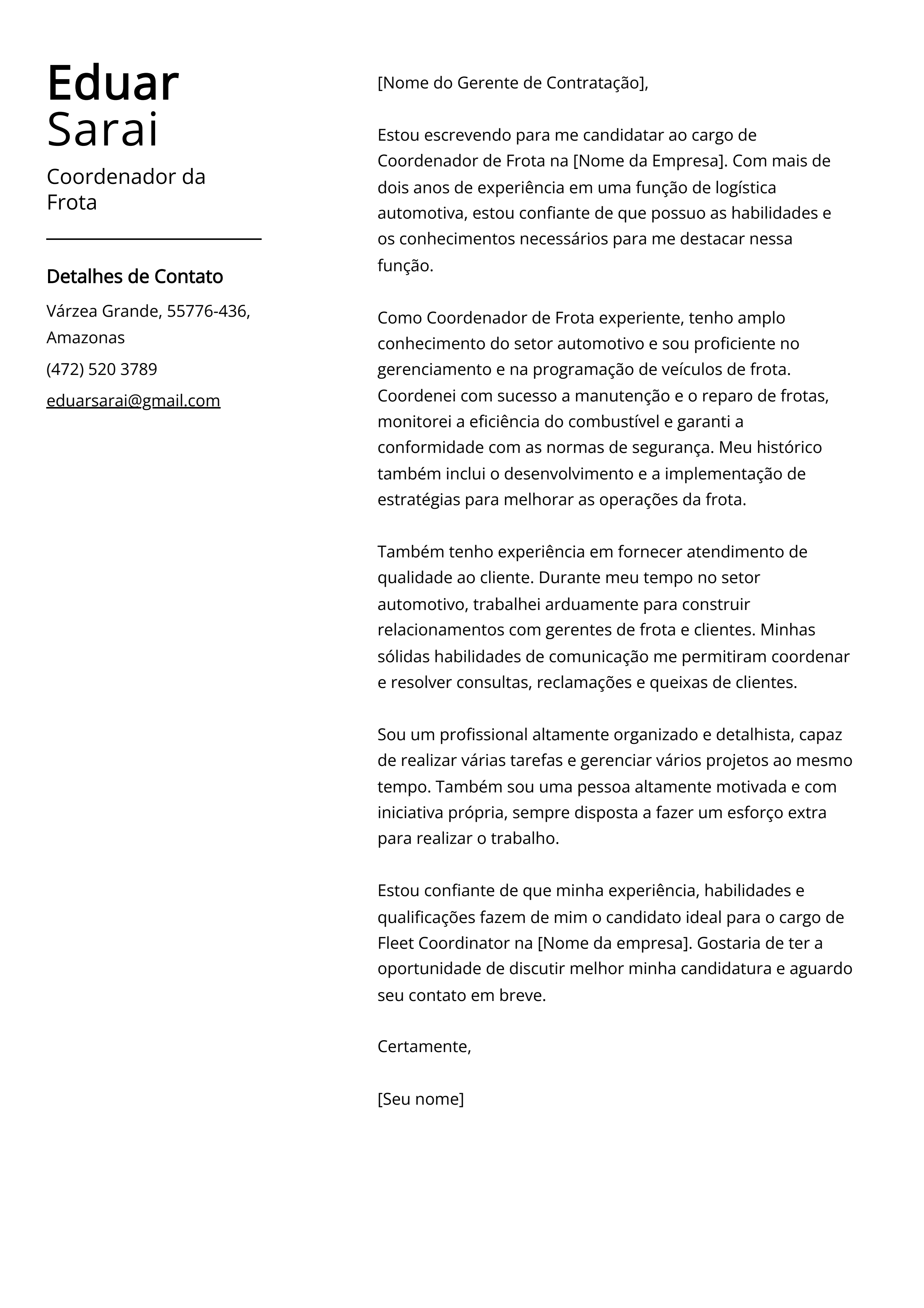 Exemplo de carta de apresentação do Coordenador da Frota