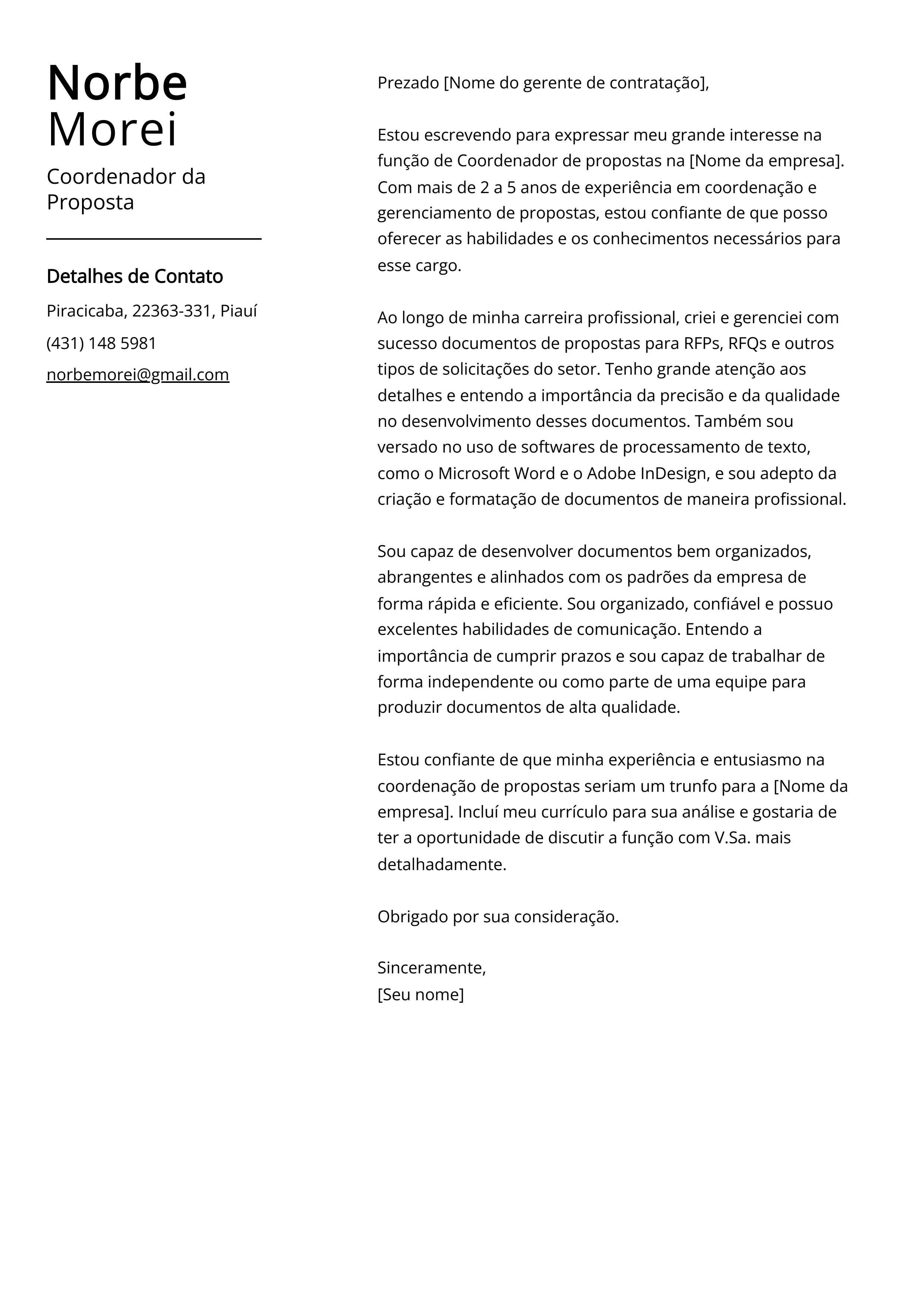 Exemplo de Carta de Apresentação do Coordenador da Proposta