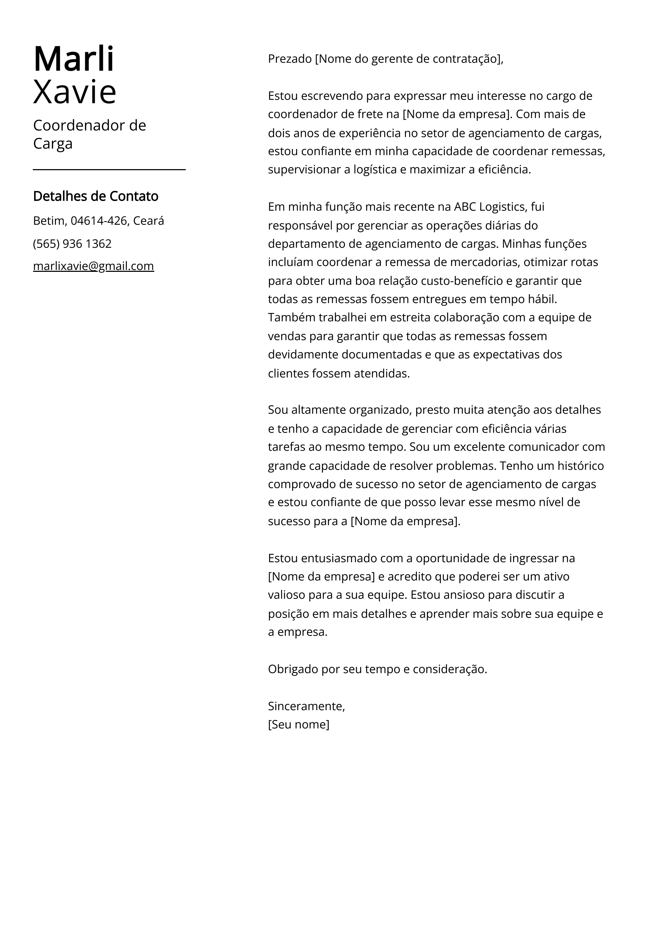 Exemplo de Carta de Apresentação de Coordenador de Carga