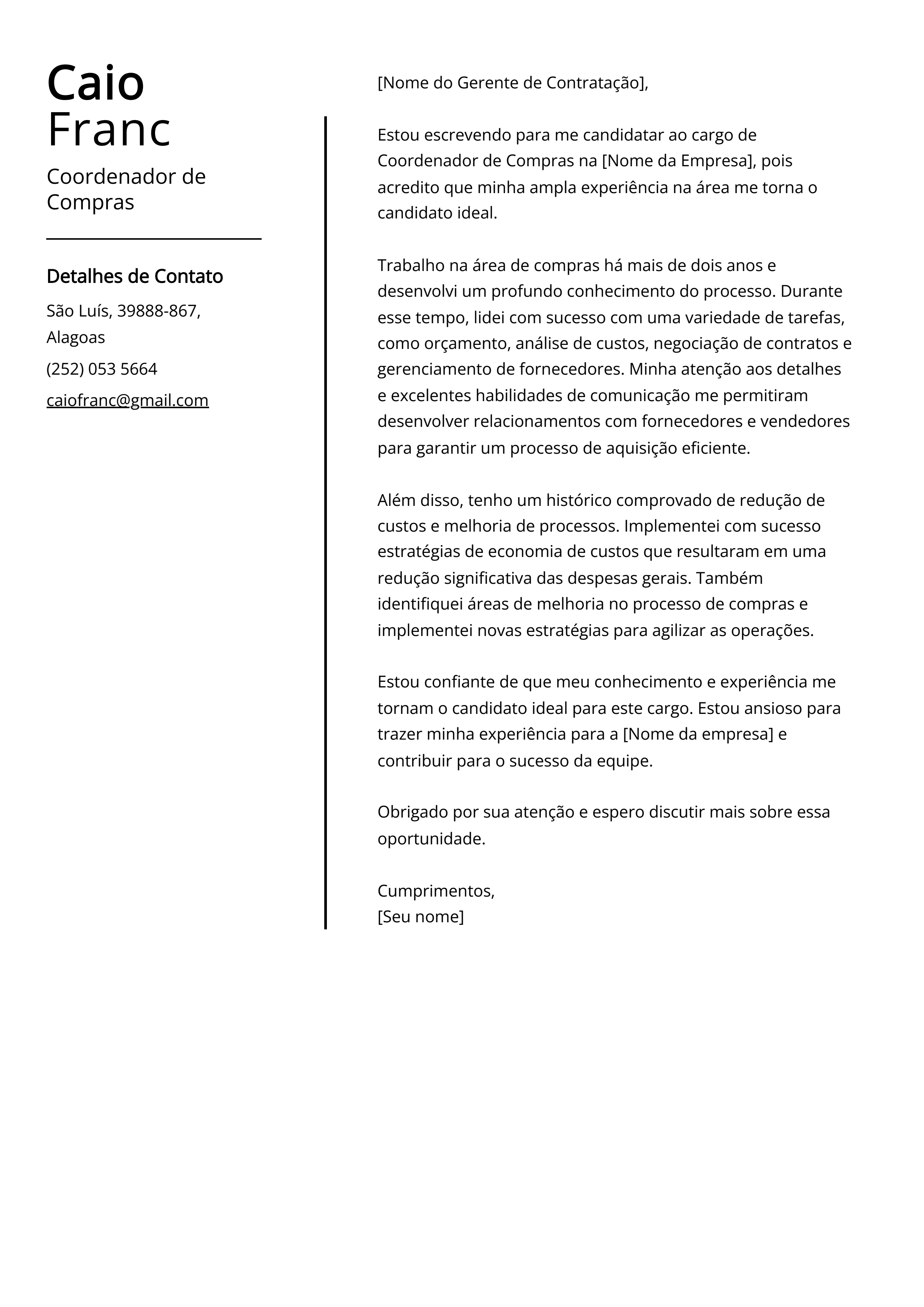 Exemplo de carta de apresentação do Coordenador de Compras