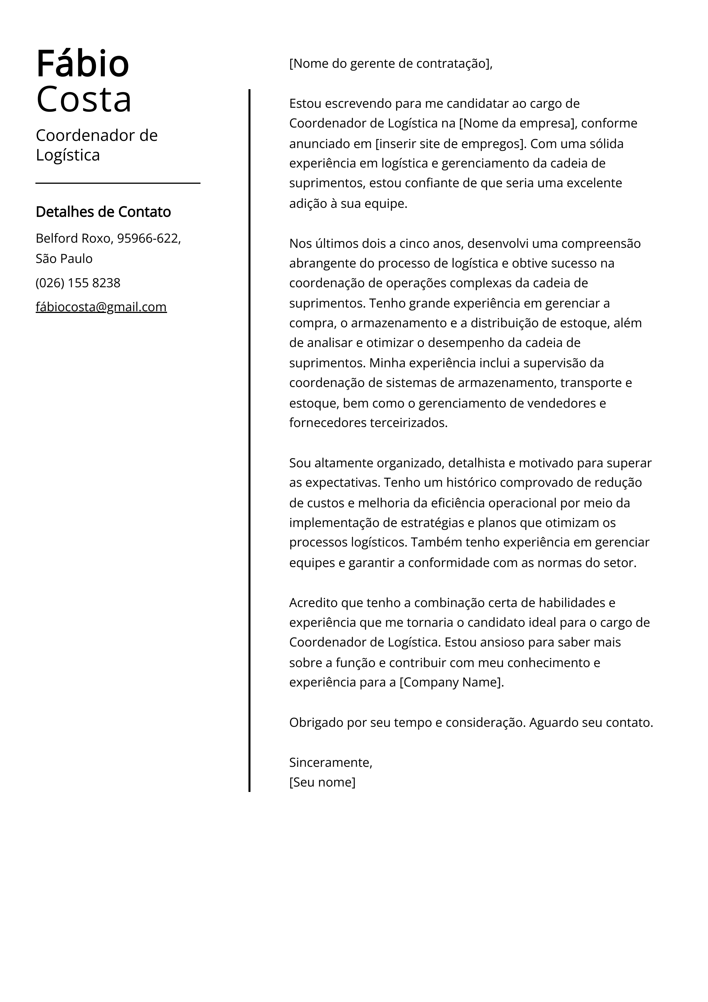 Exemplo de carta de apresentação do Coordenador de Logística