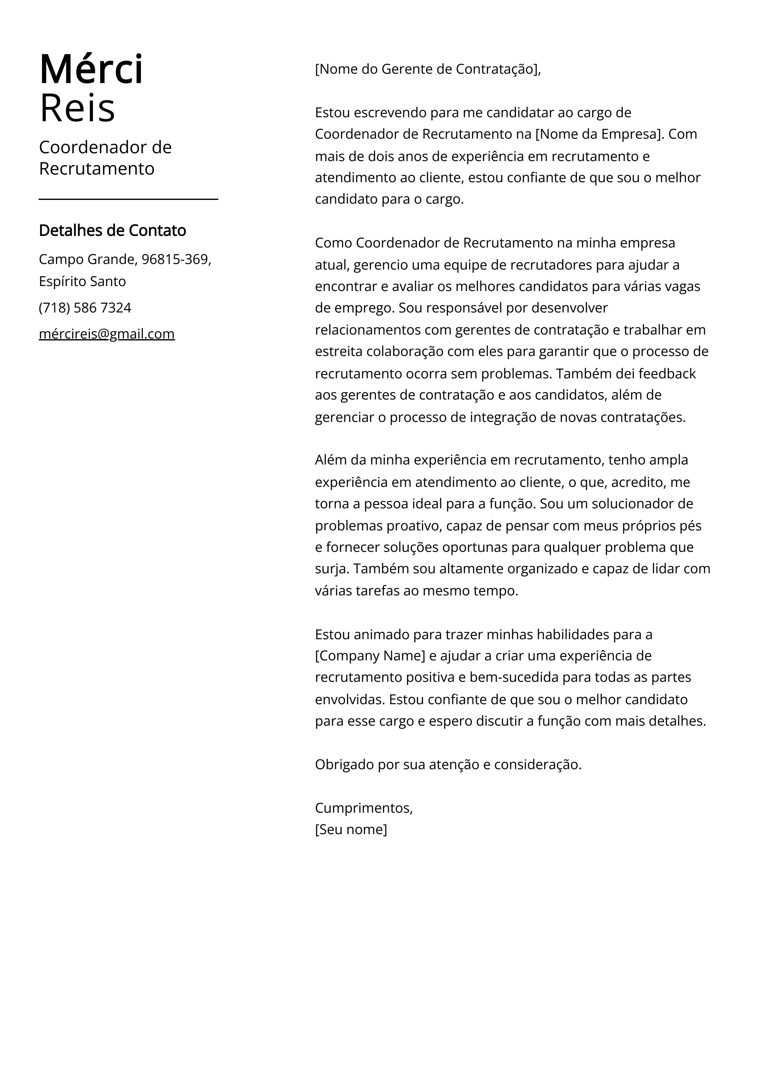 Exemplo de carta de apresentação do Coordenador de Recrutamento