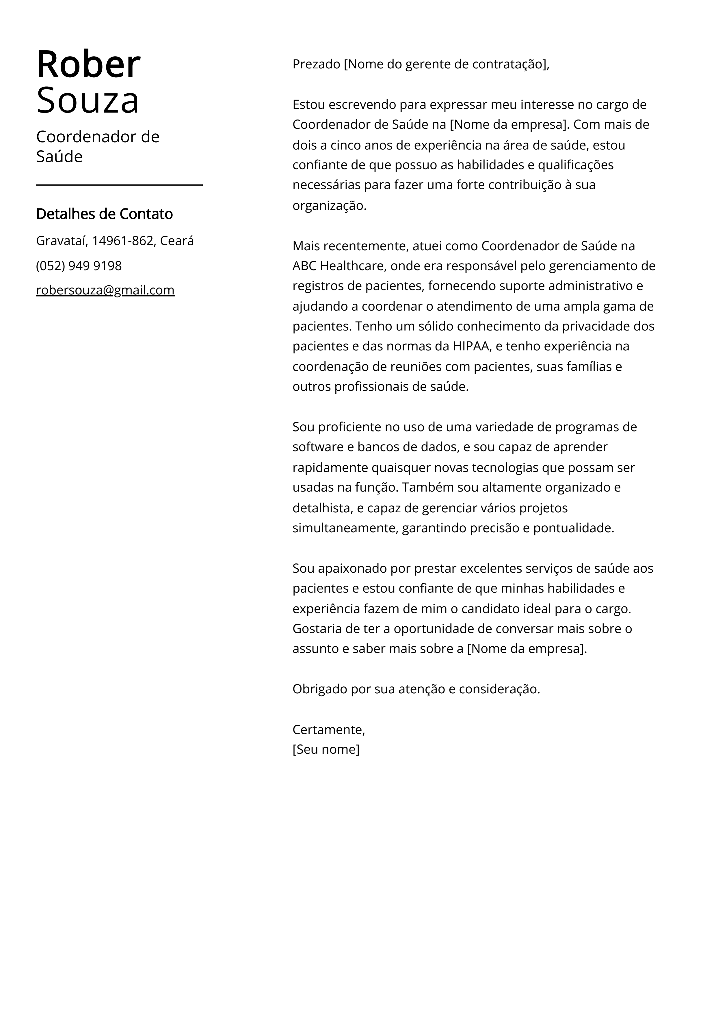 Exemplo de carta de apresentação do Coordenador de Saúde