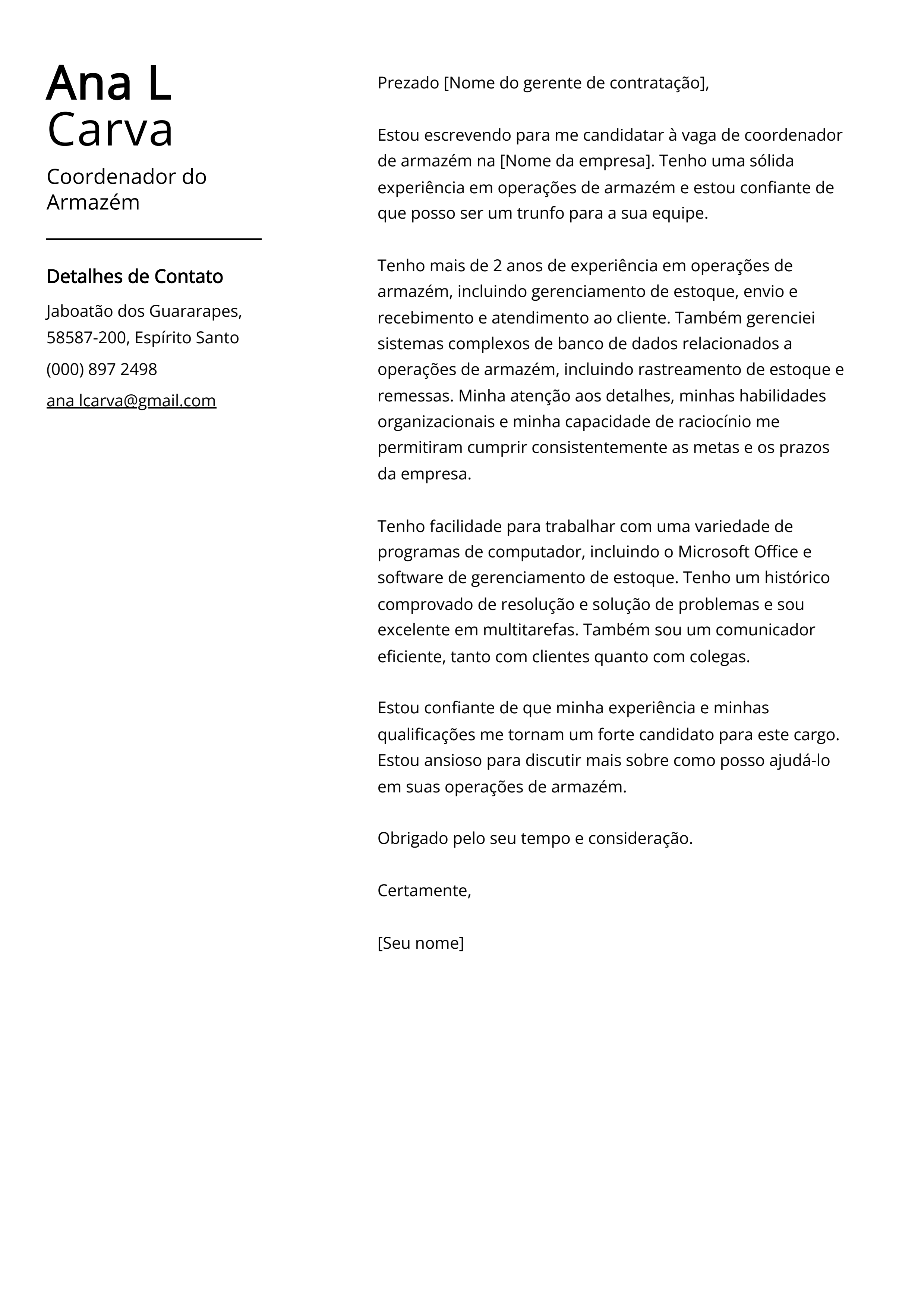 Exemplo de carta de apresentação do Coordenador do Armazém