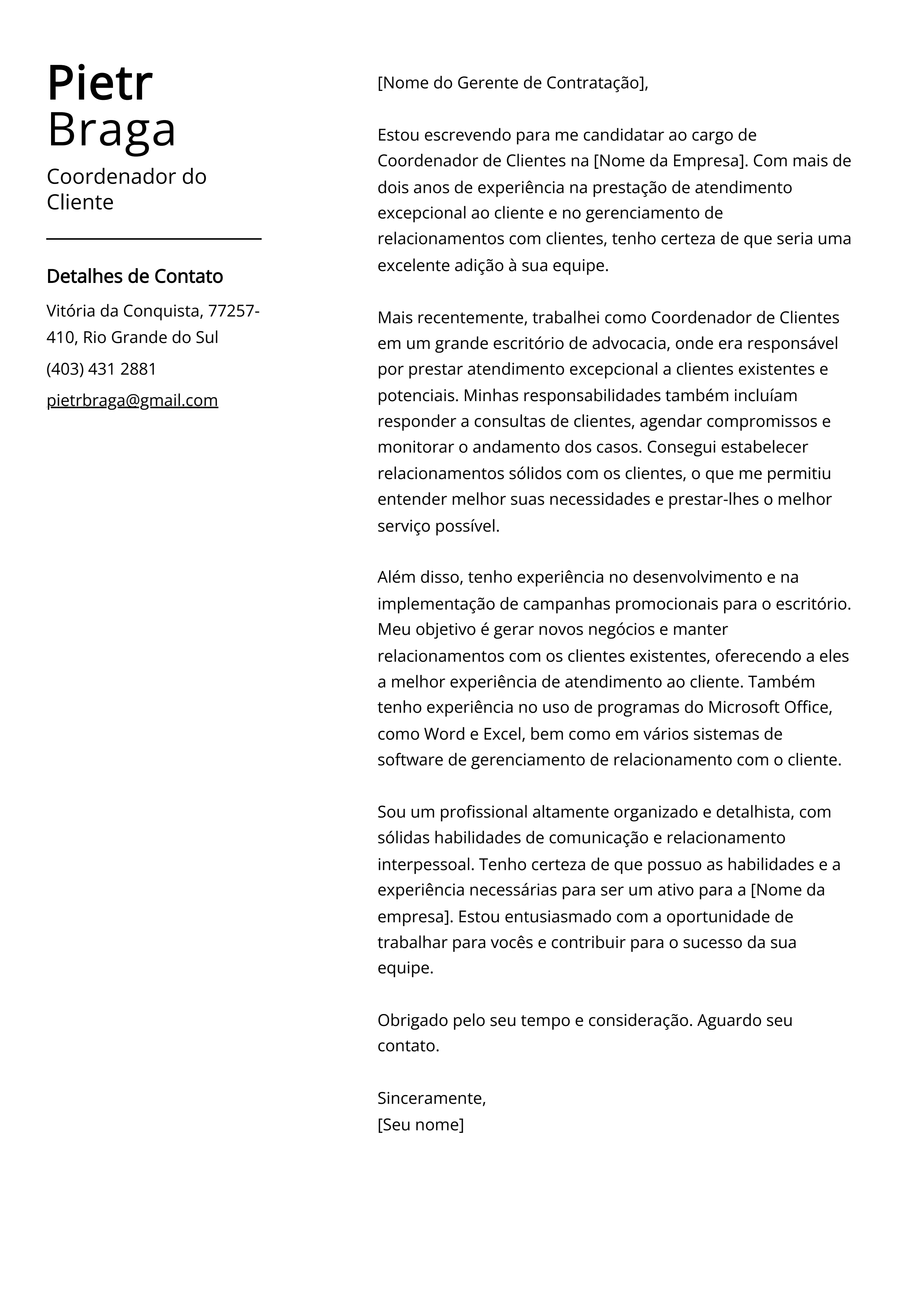 Exemplo de carta de apresentação do Coordenador do Cliente