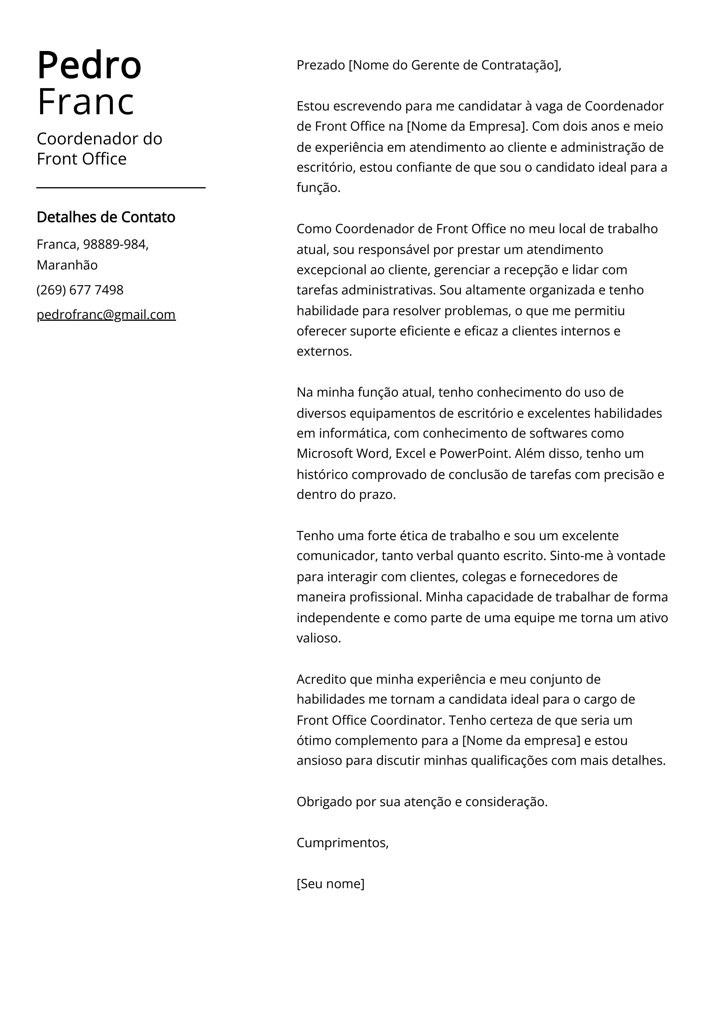 Exemplo de carta de apresentação do Coordenador do Front Office