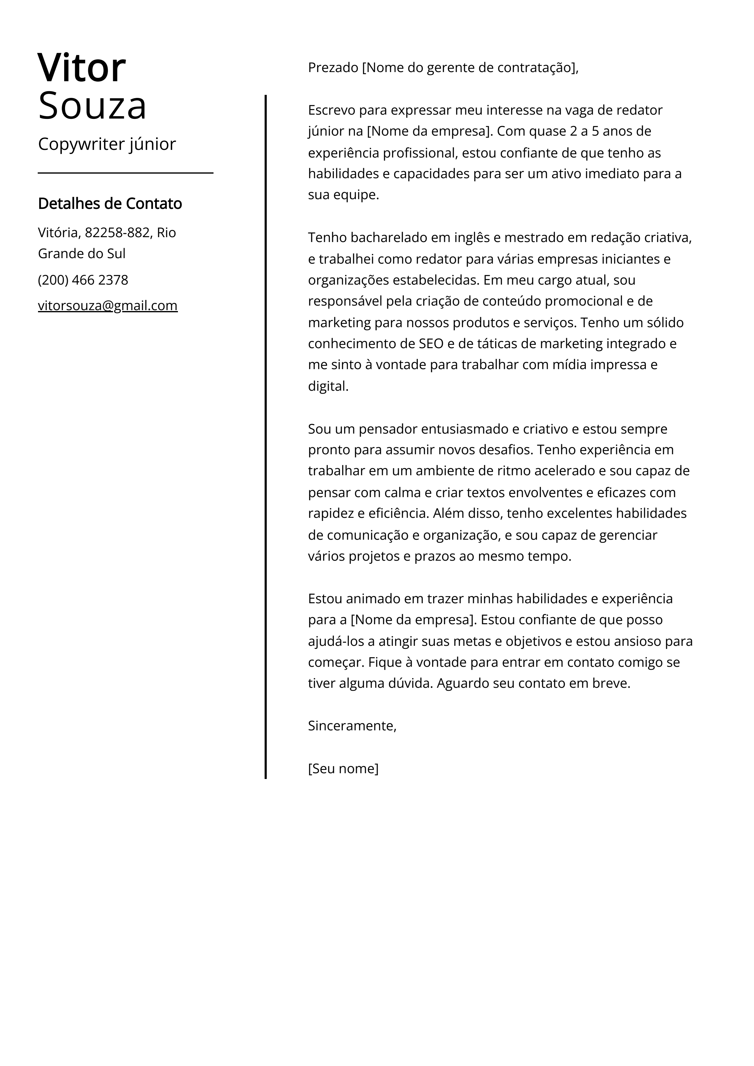 Exemplo de carta de apresentação de redator júnior