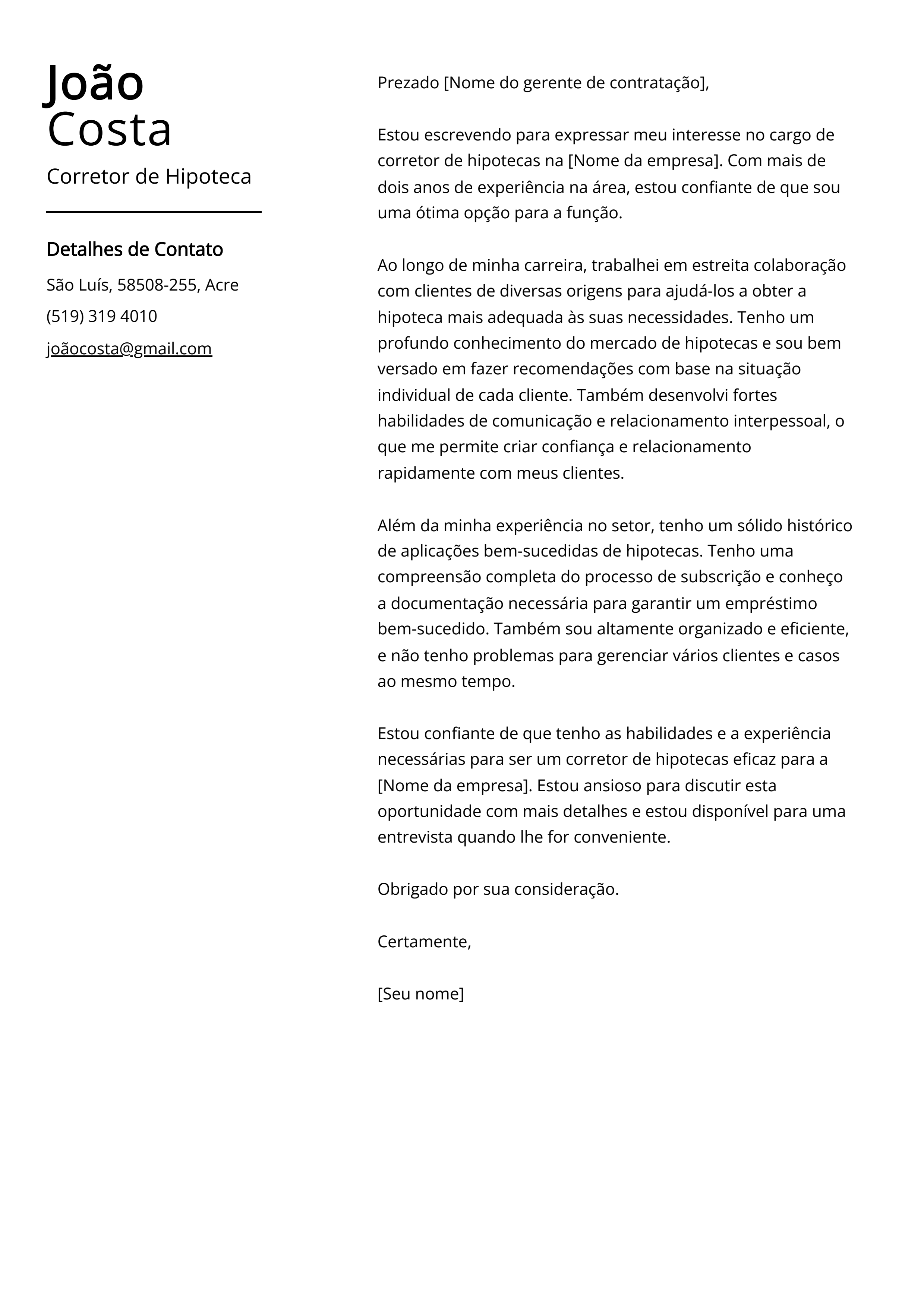 Exemplo de Carta de Apresentação de Corretor de Hipoteca