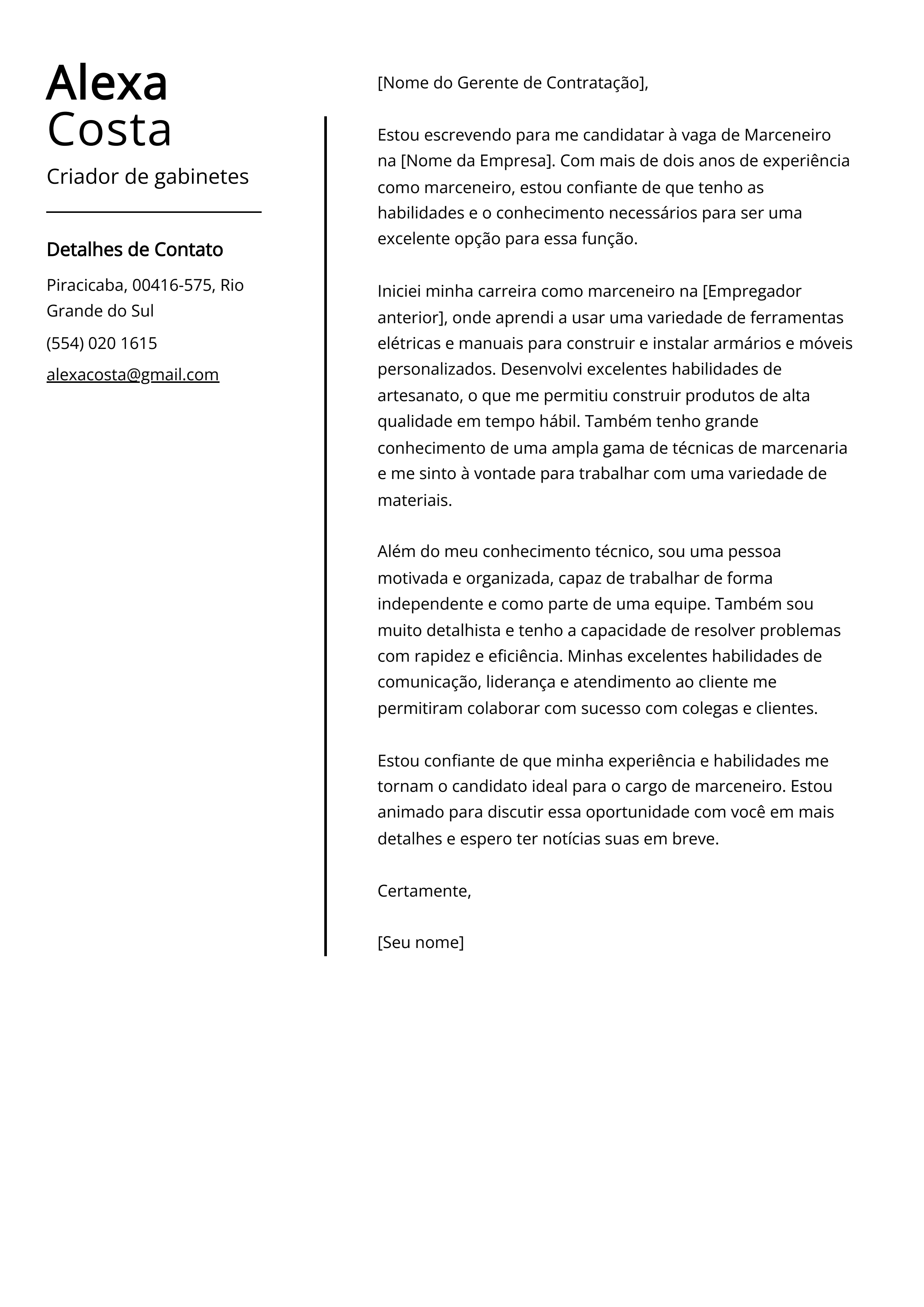 Exemplo de Carta de Apresentação de Criador de Gabinetes