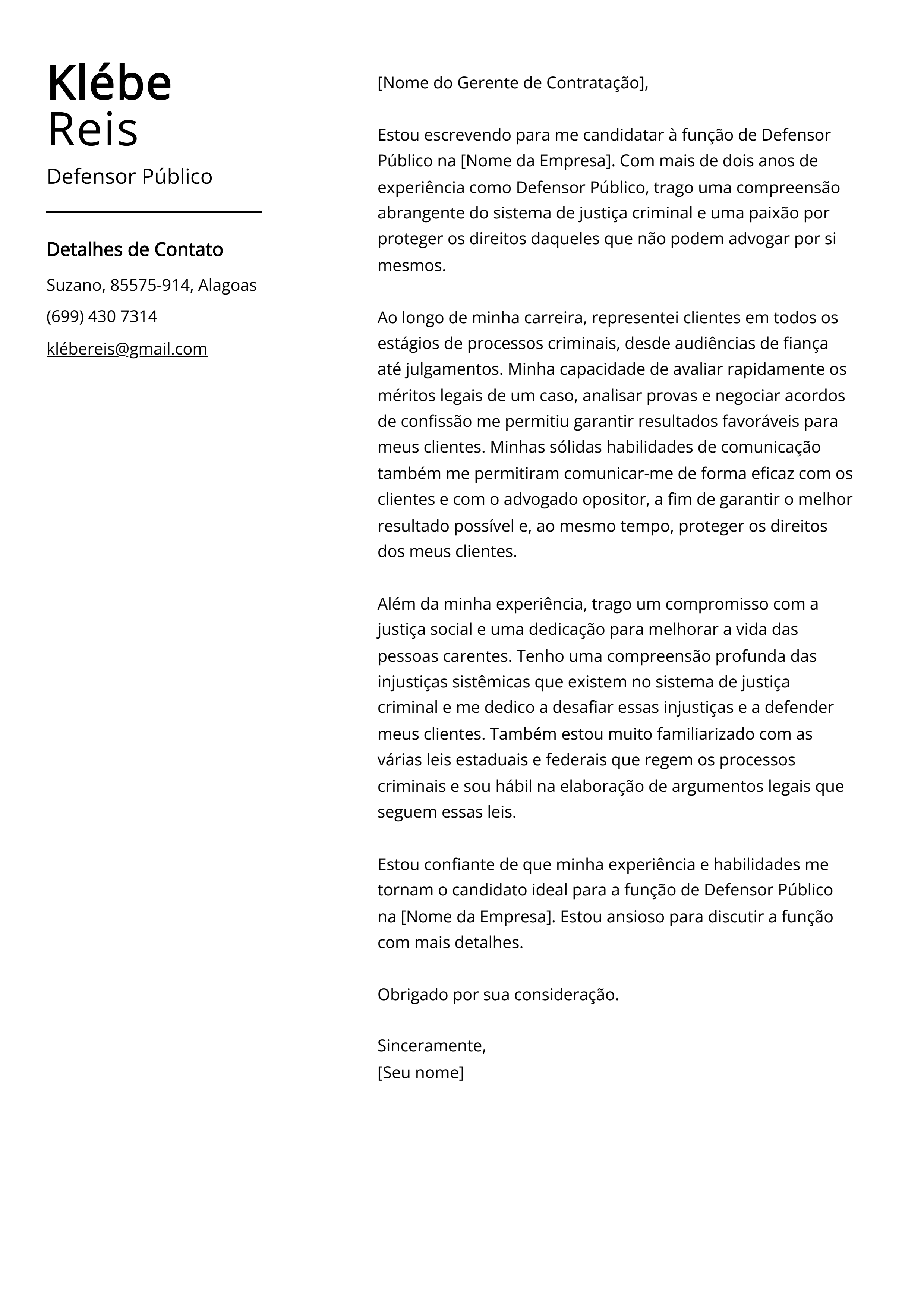 Exemplo de carta de apresentação do Defensor Público