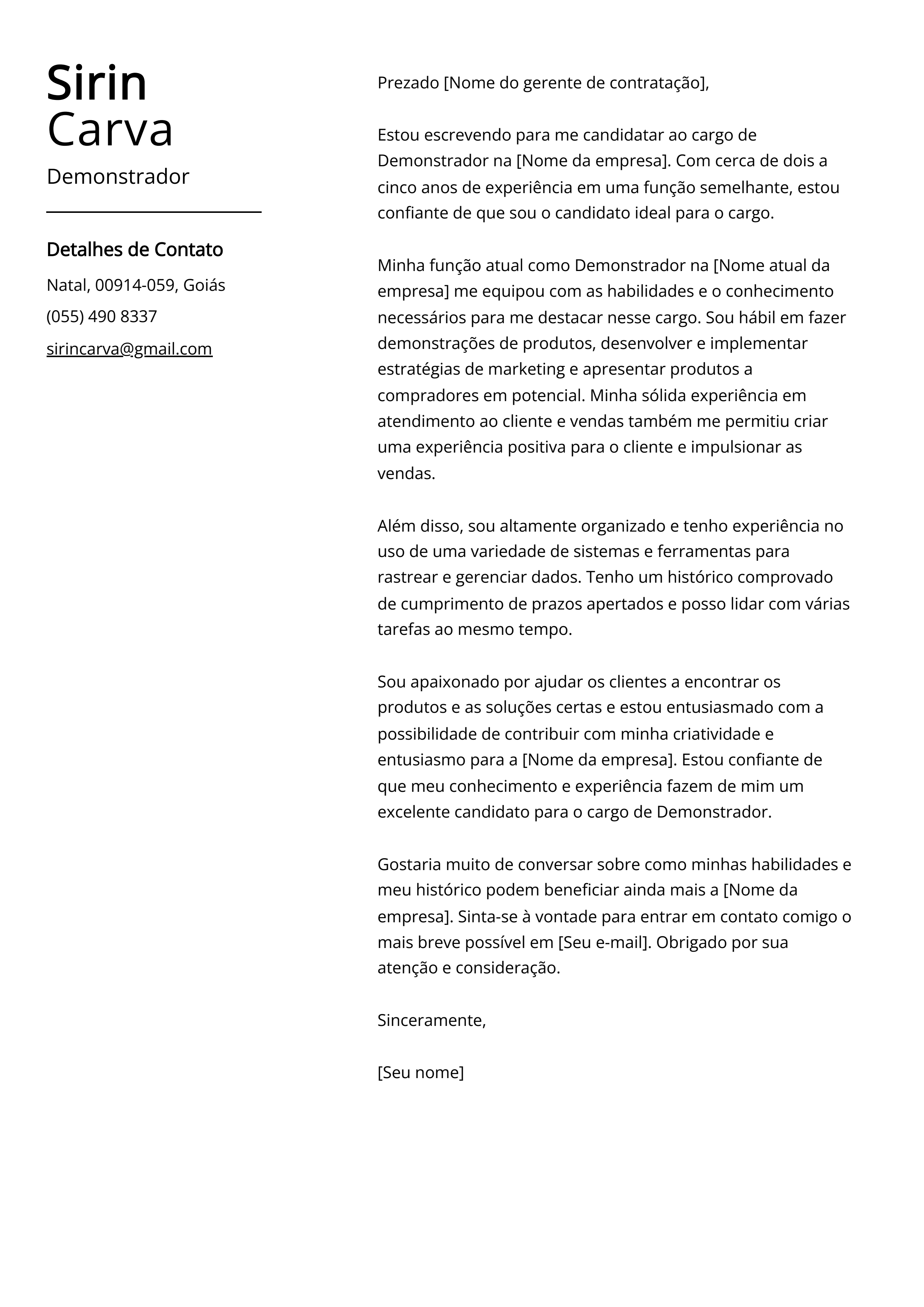 Exemplo de Carta de Apresentação de Demonstrador