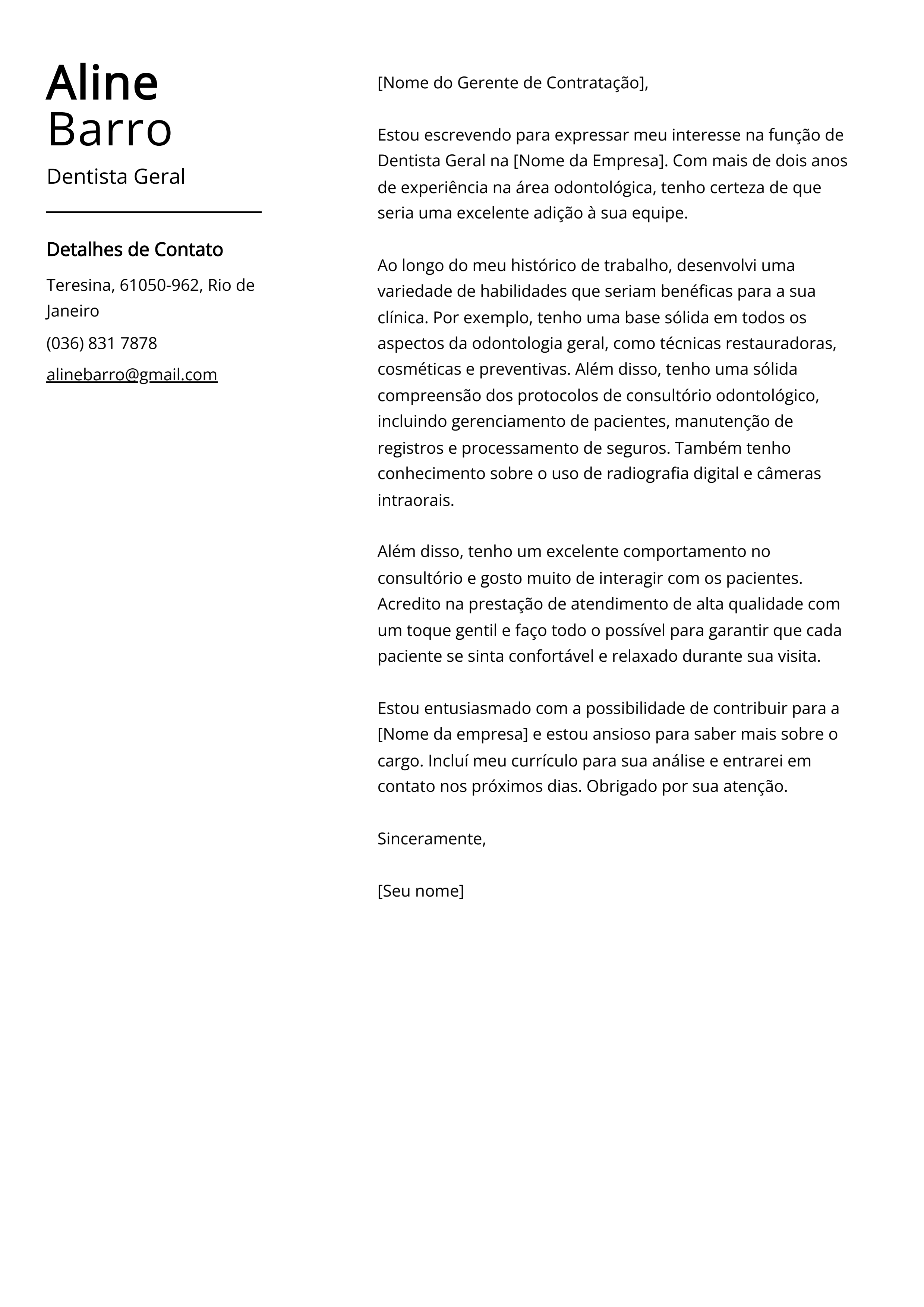 Exemplo de Carta de Apresentação de Dentista Geral