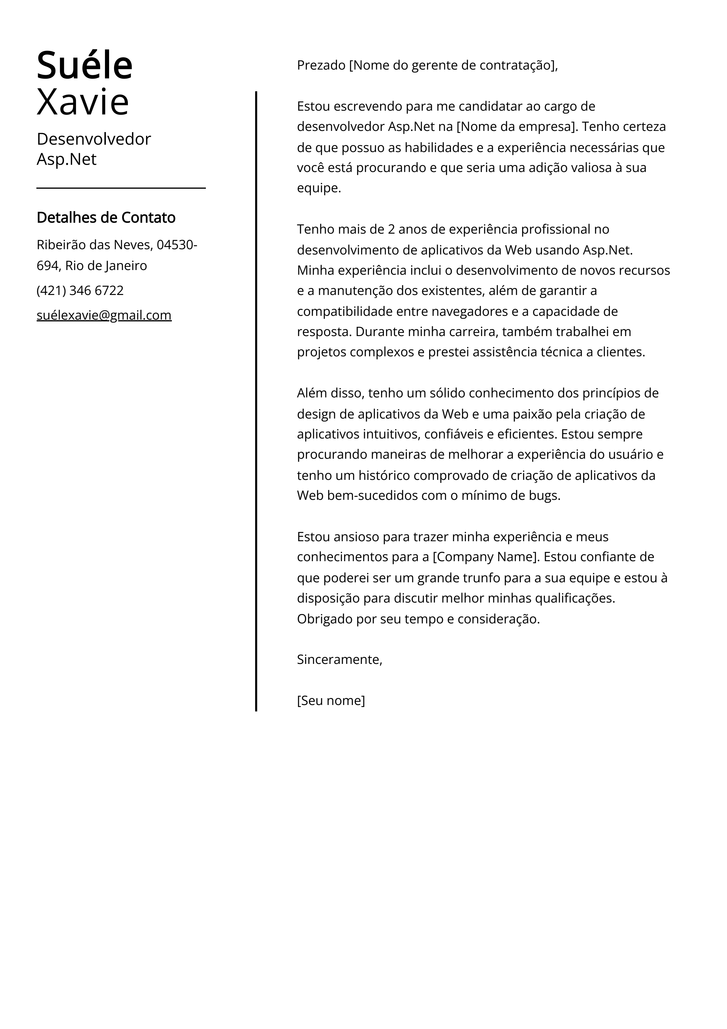 Exemplo de carta de apresentação do Desenvolvedor Asp.Net
