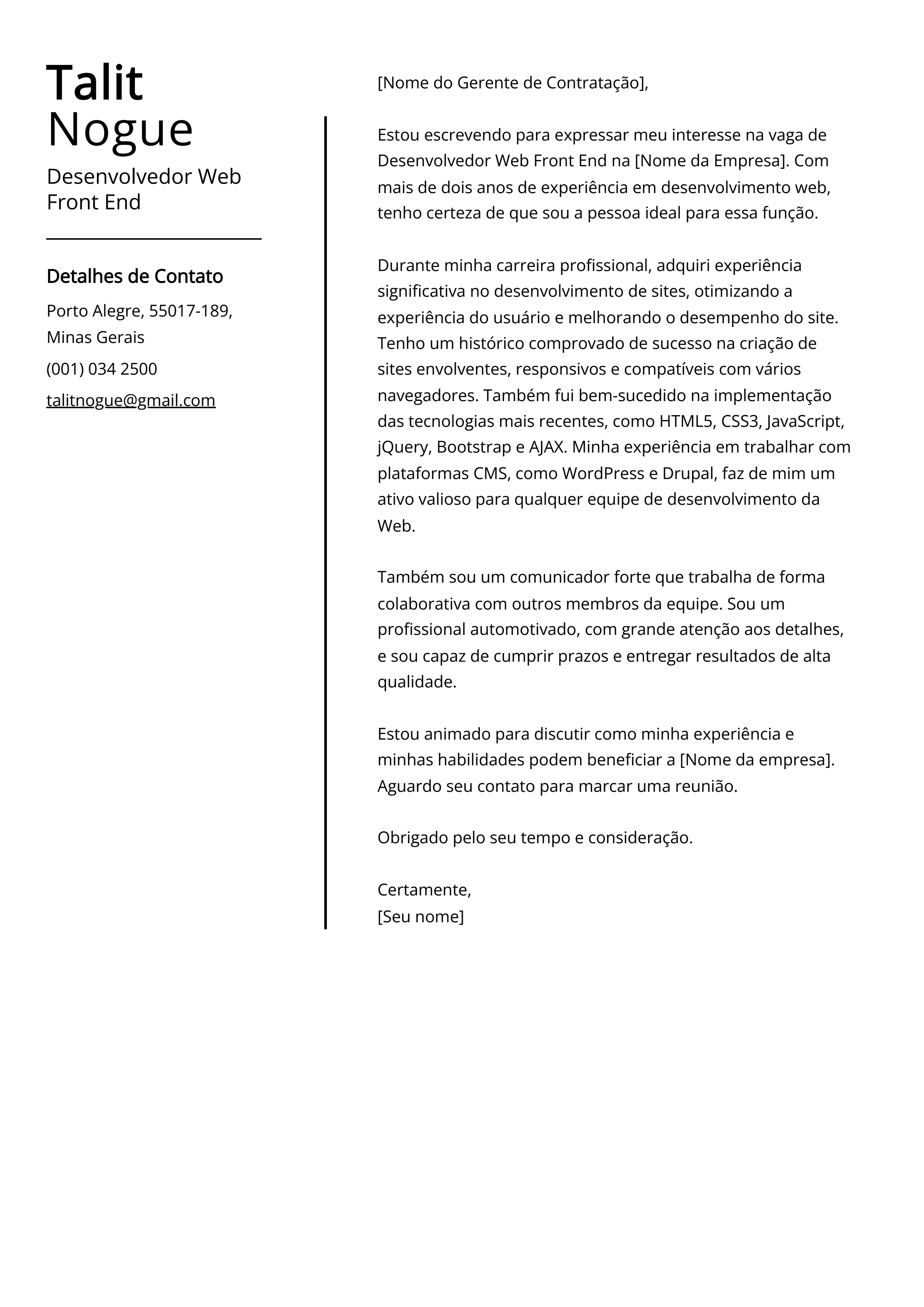Exemplo de carta de apresentação do Desenvolvedor Web Front End