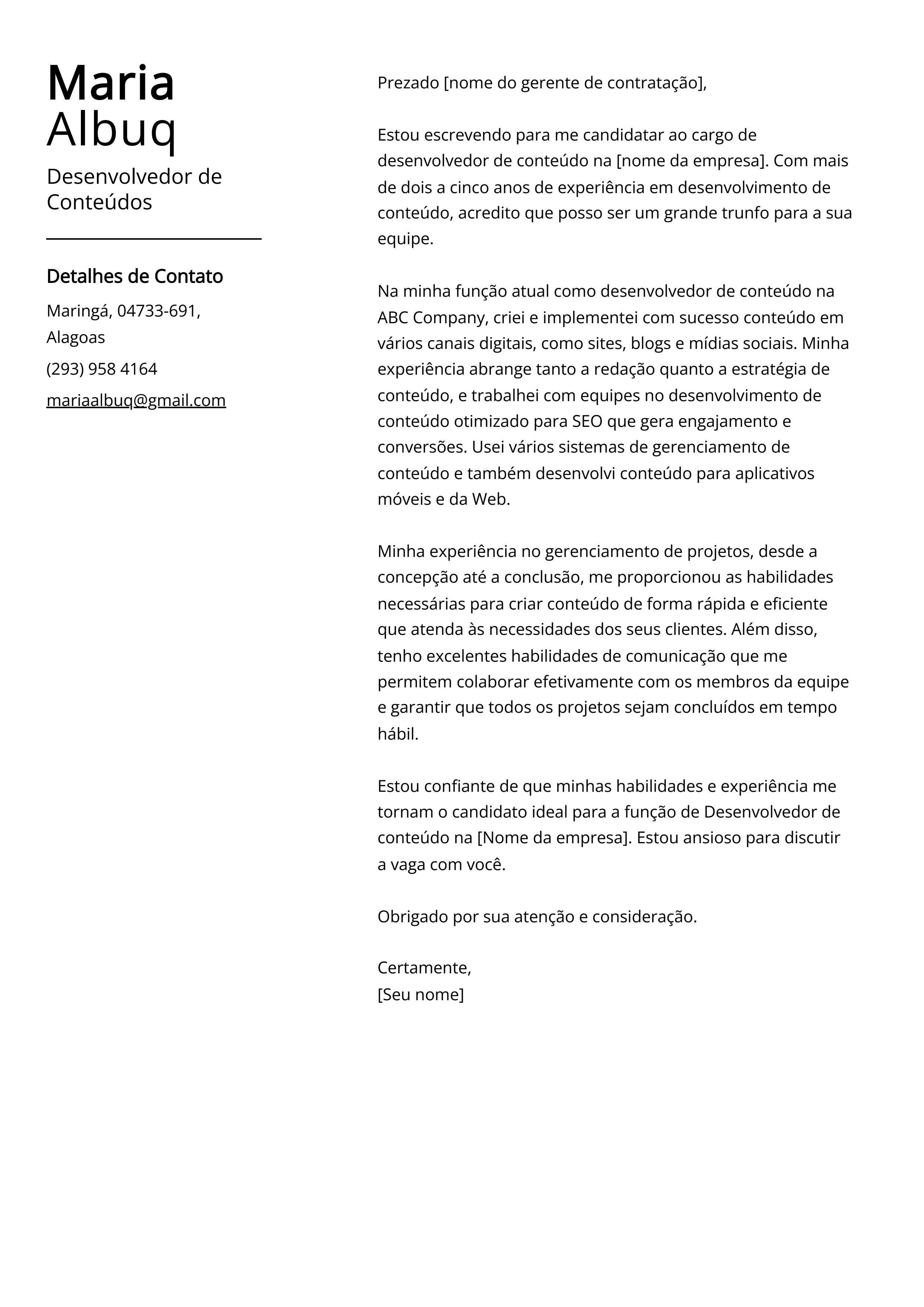 Exemplo de carta de apresentação do Desenvolvedor de Conteúdos