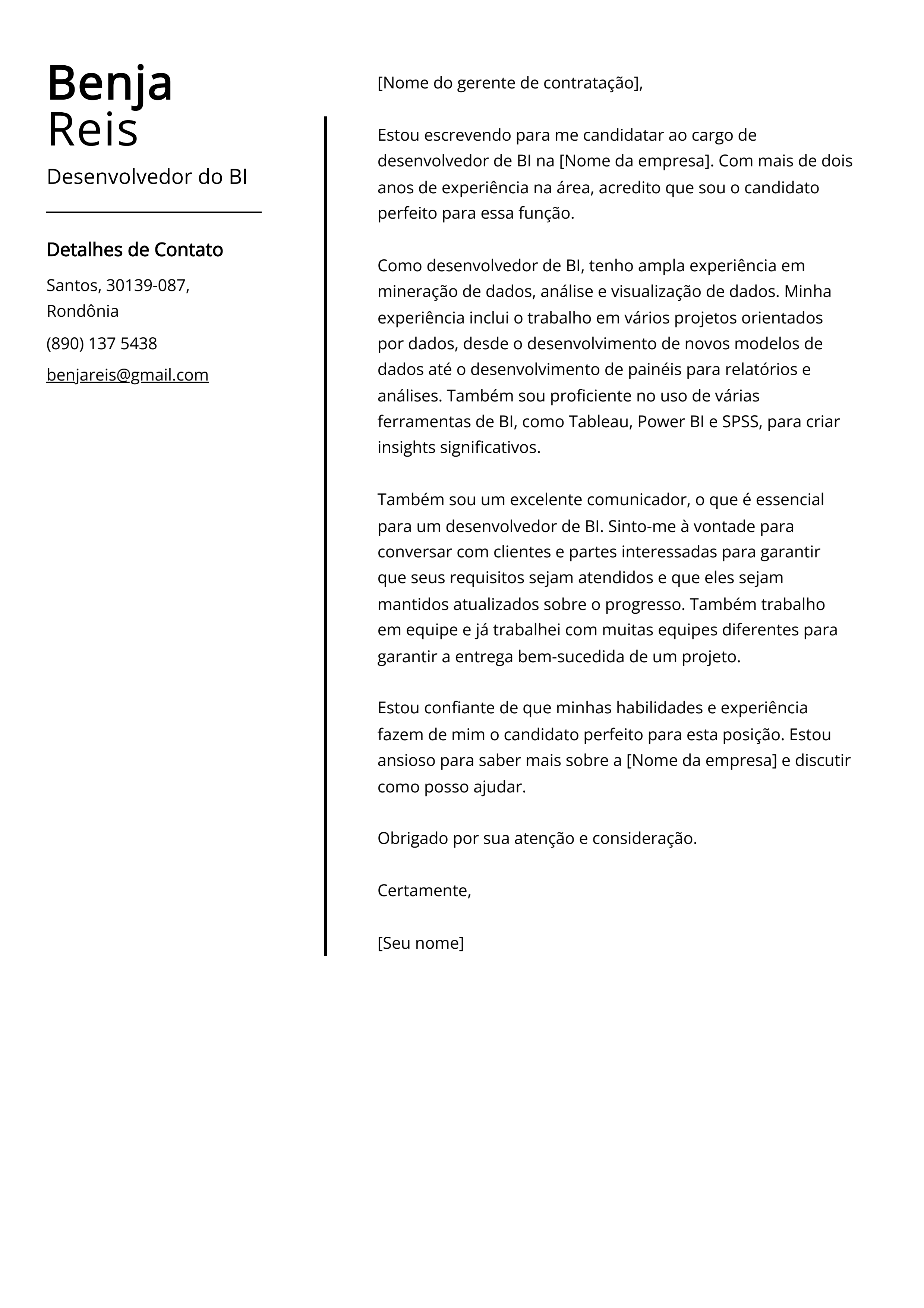 Exemplo de carta de apresentação do Desenvolvedor do BI