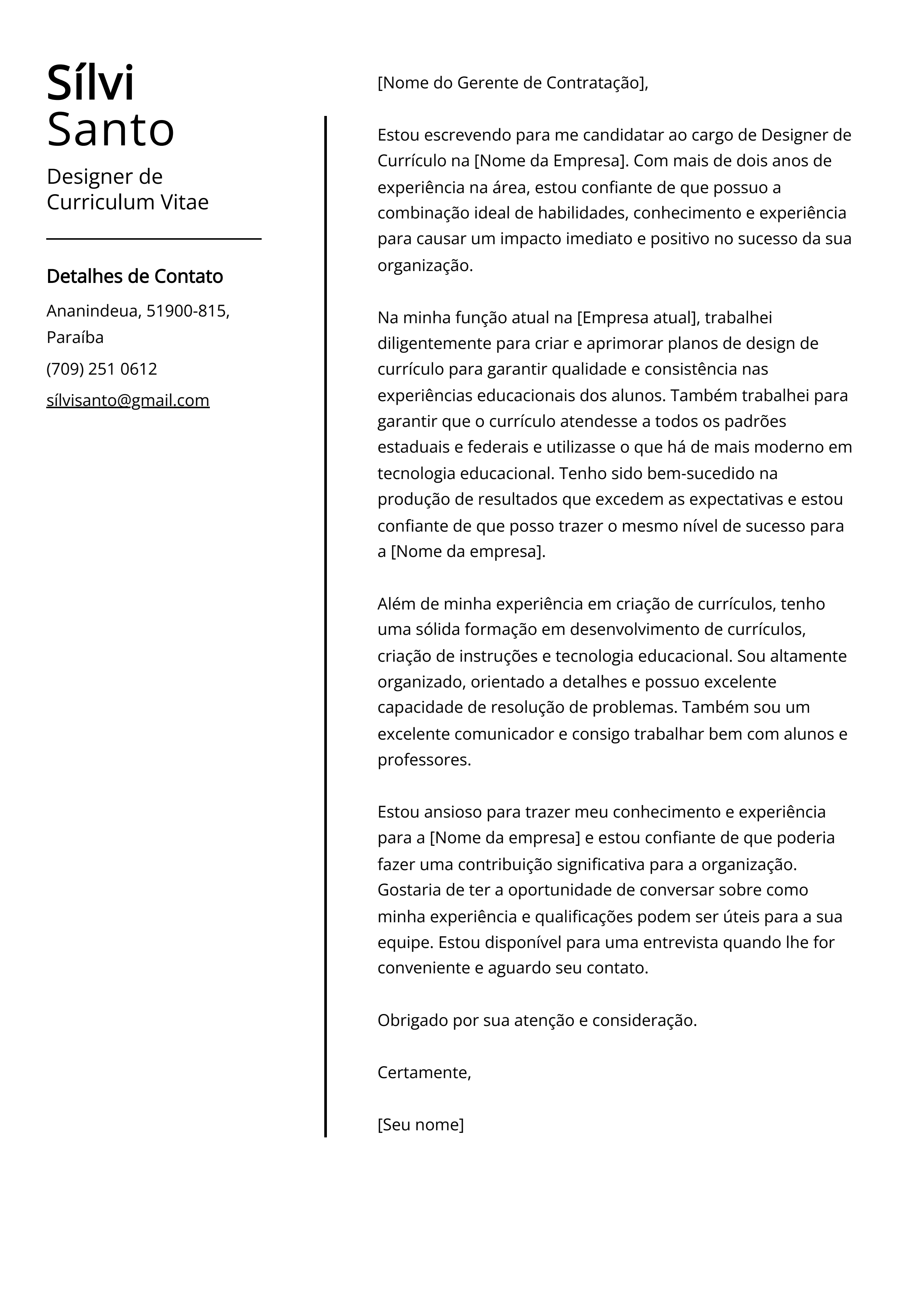 Exemplo de Carta de Apresentação de Designer de Curriculum Vitae