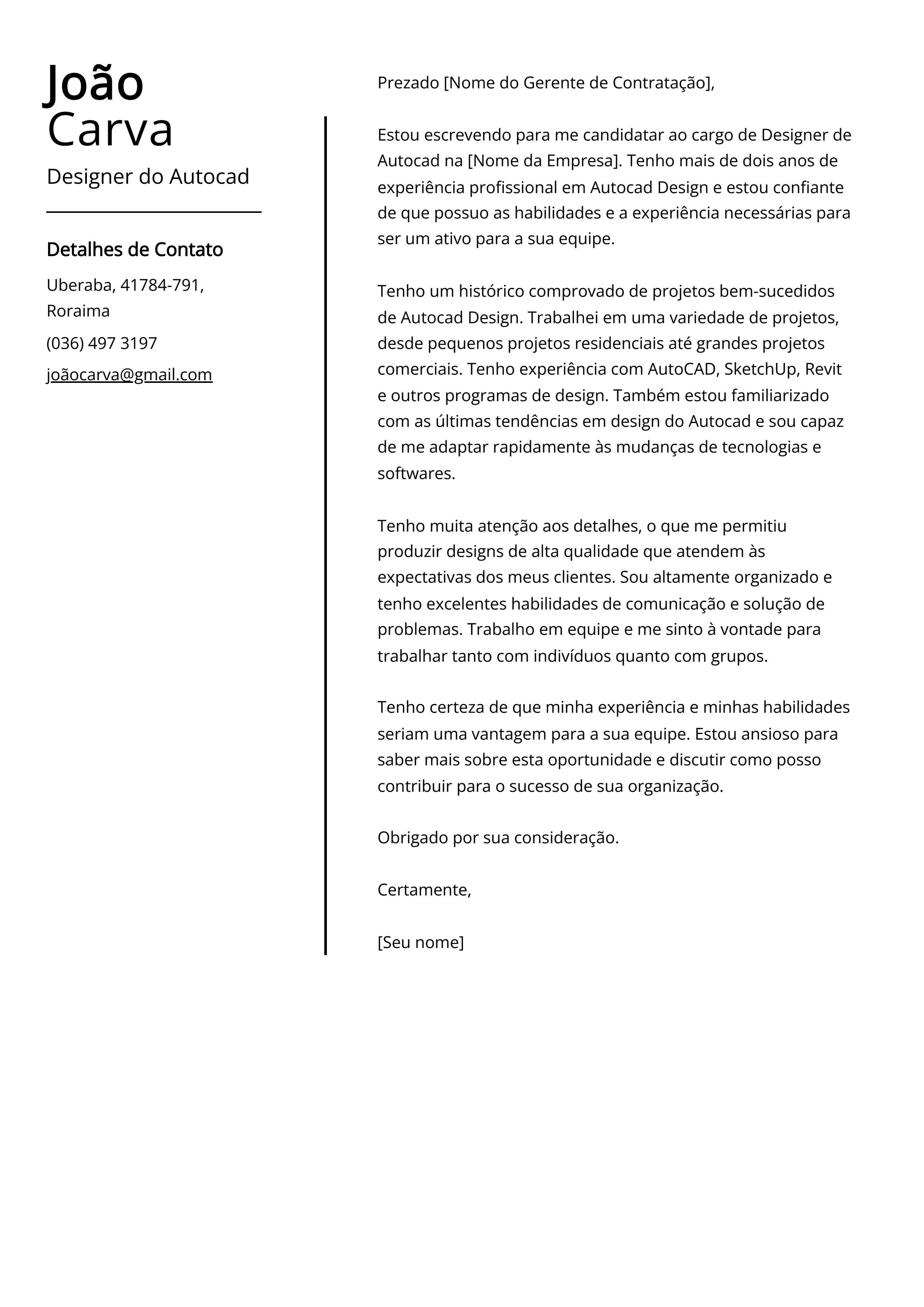 Exemplo de carta de apresentação de designer do Autocad