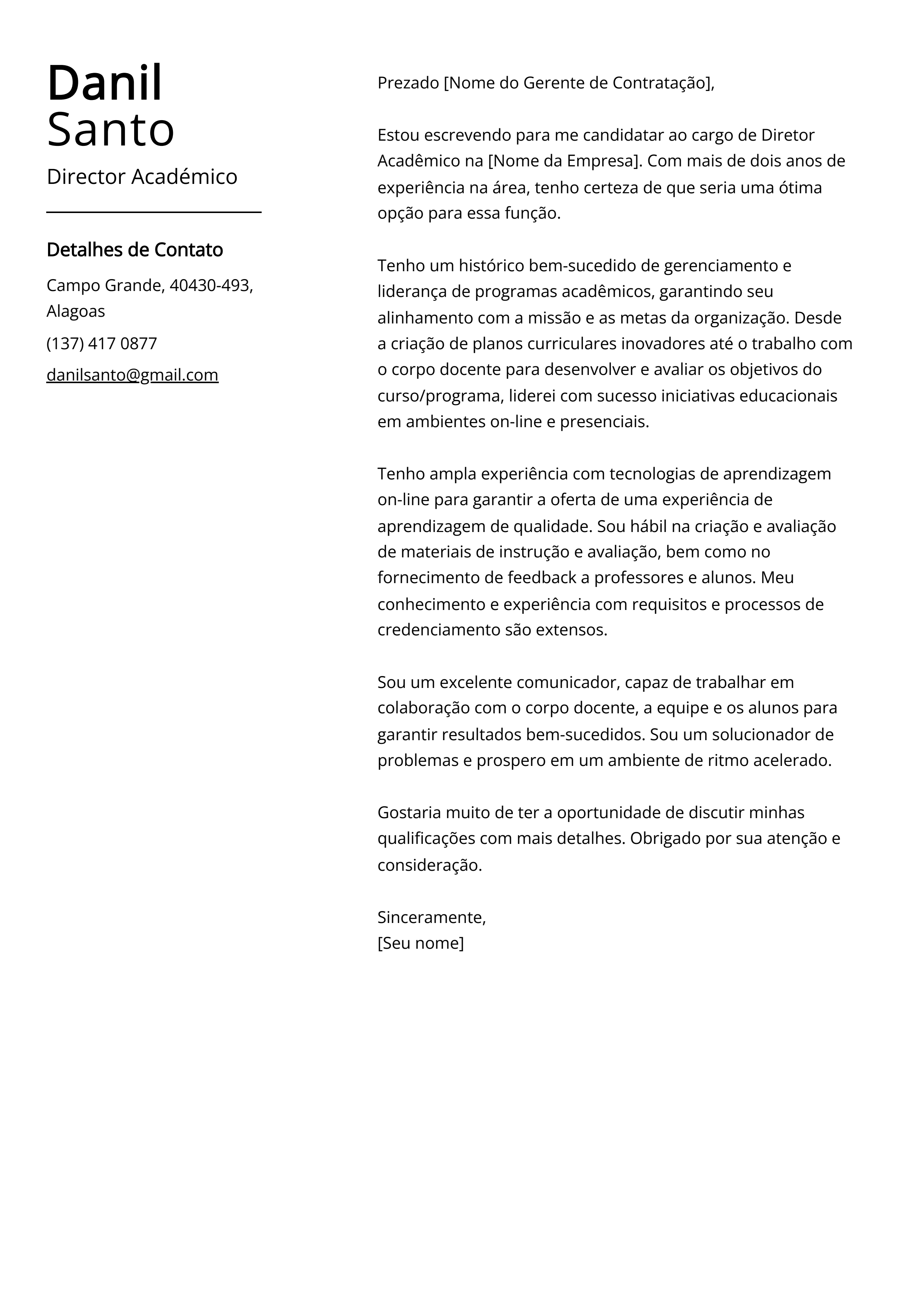 Exemplo de Carta de Apresentação de Diretor Acadêmico