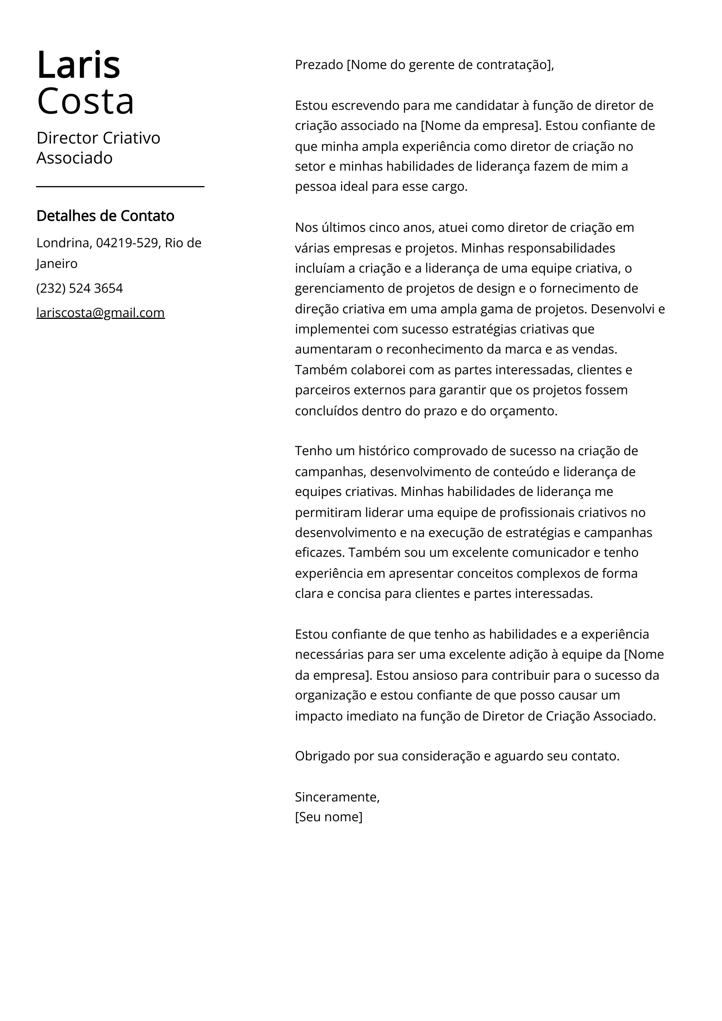 Exemplo de Carta de Apresentação de Diretor Criativo Associado