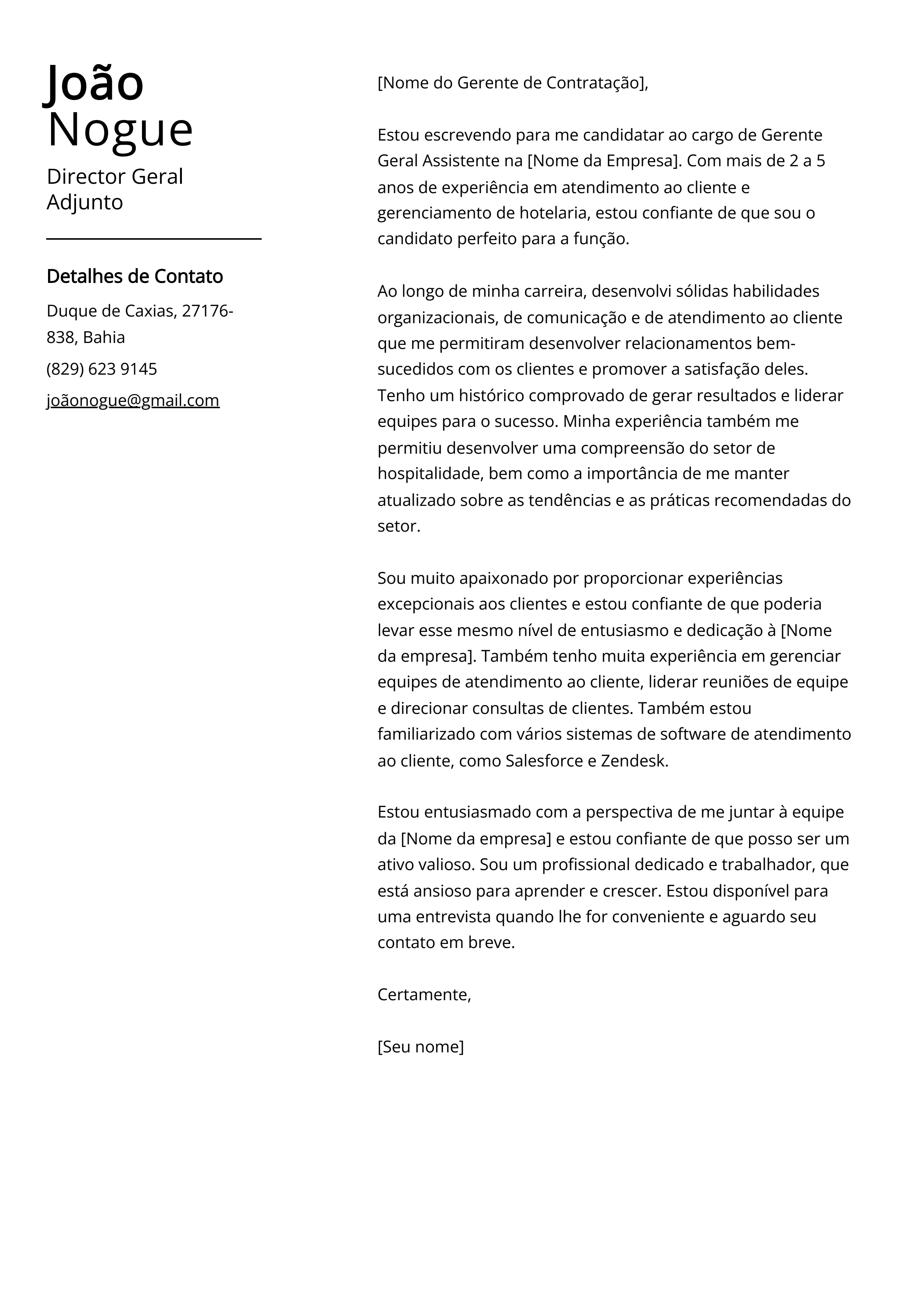 Exemplo de carta de apresentação do Diretor Geral Adjunto