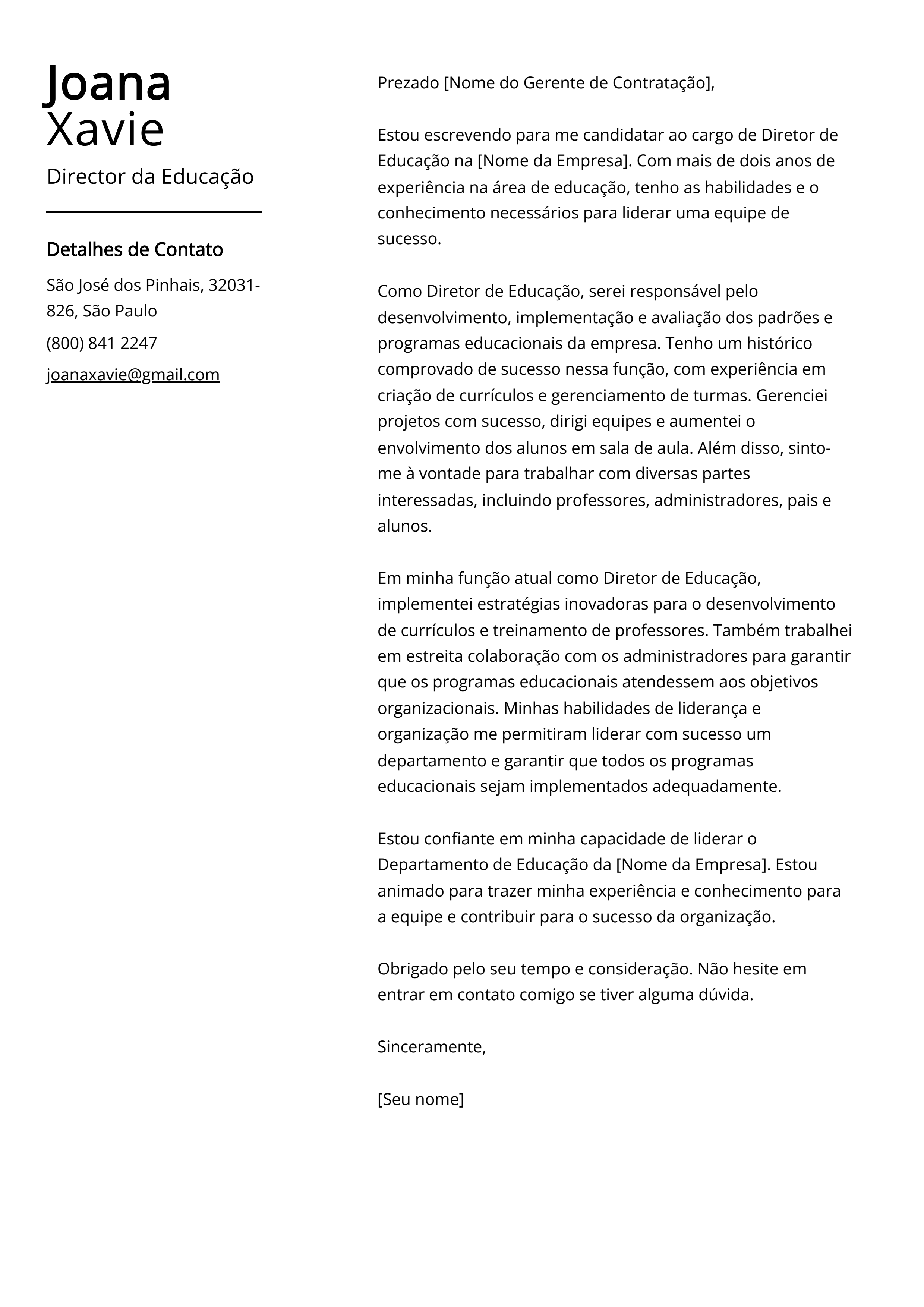 Exemplo de carta de apresentação do Diretor de Educação