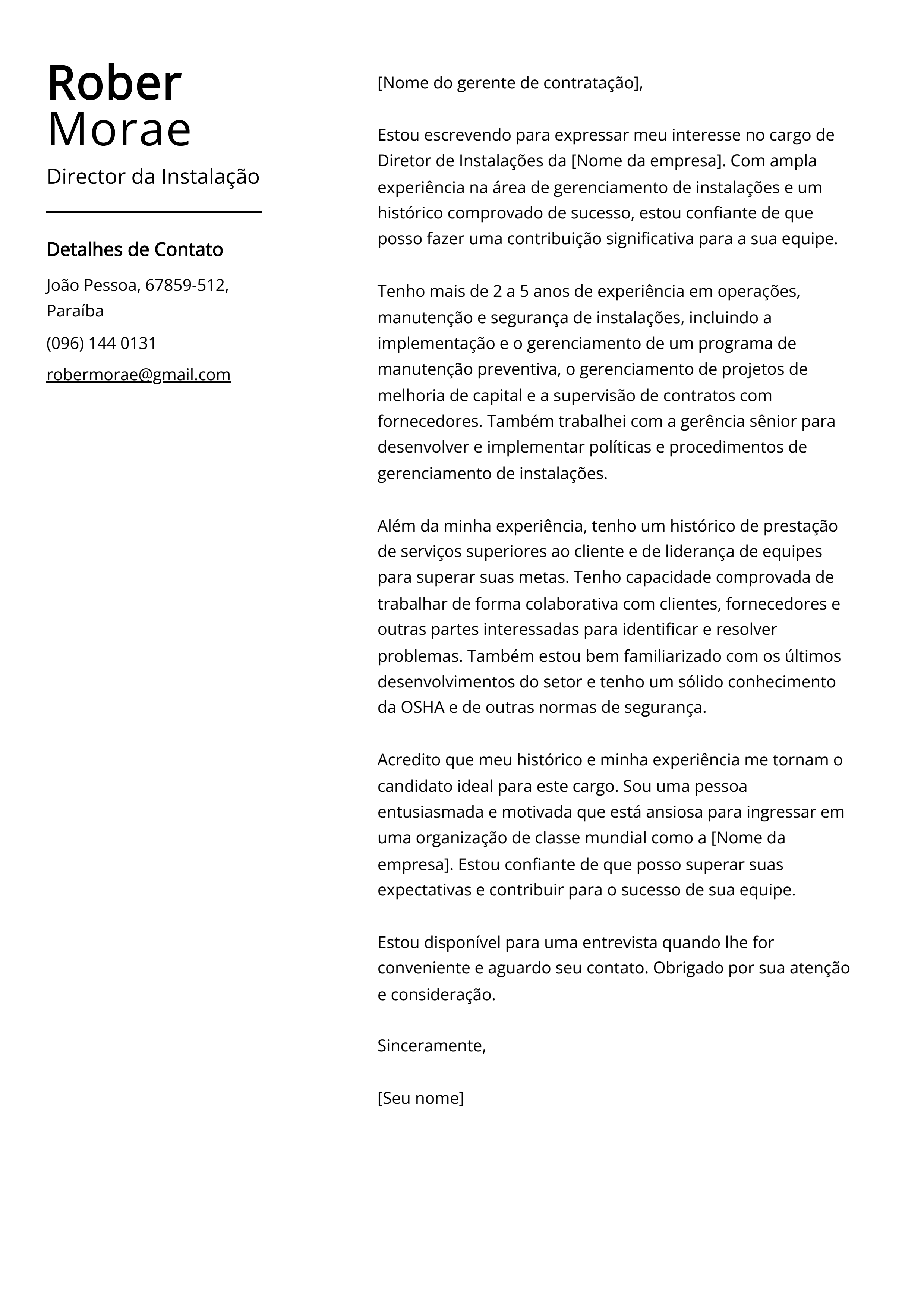 Exemplo de carta de apresentação do Diretor da Instalação