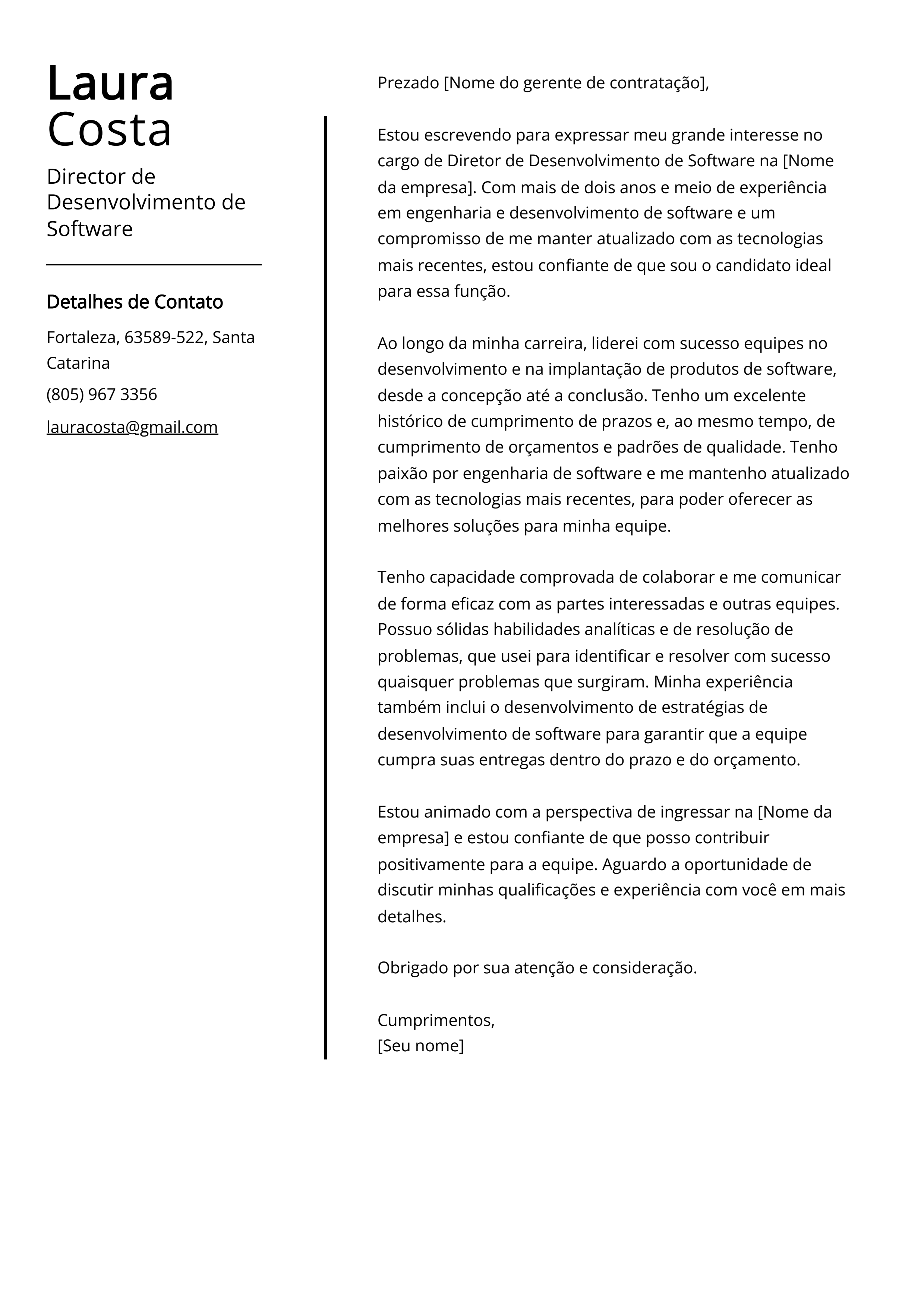 Exemplo de carta de apresentação do Diretor de Desenvolvimento de Software