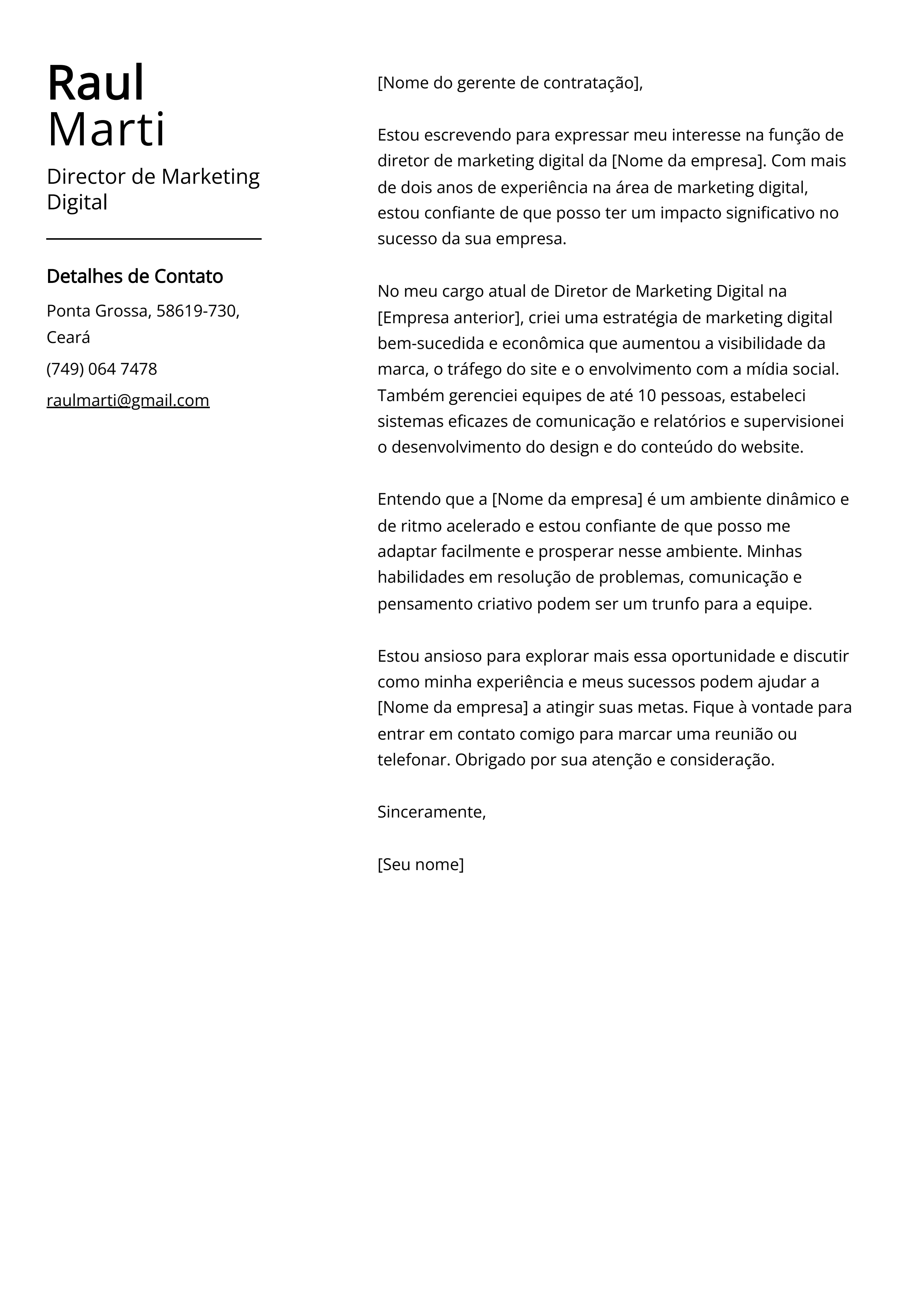 Exemplo de carta de apresentação do diretor de marketing digital
