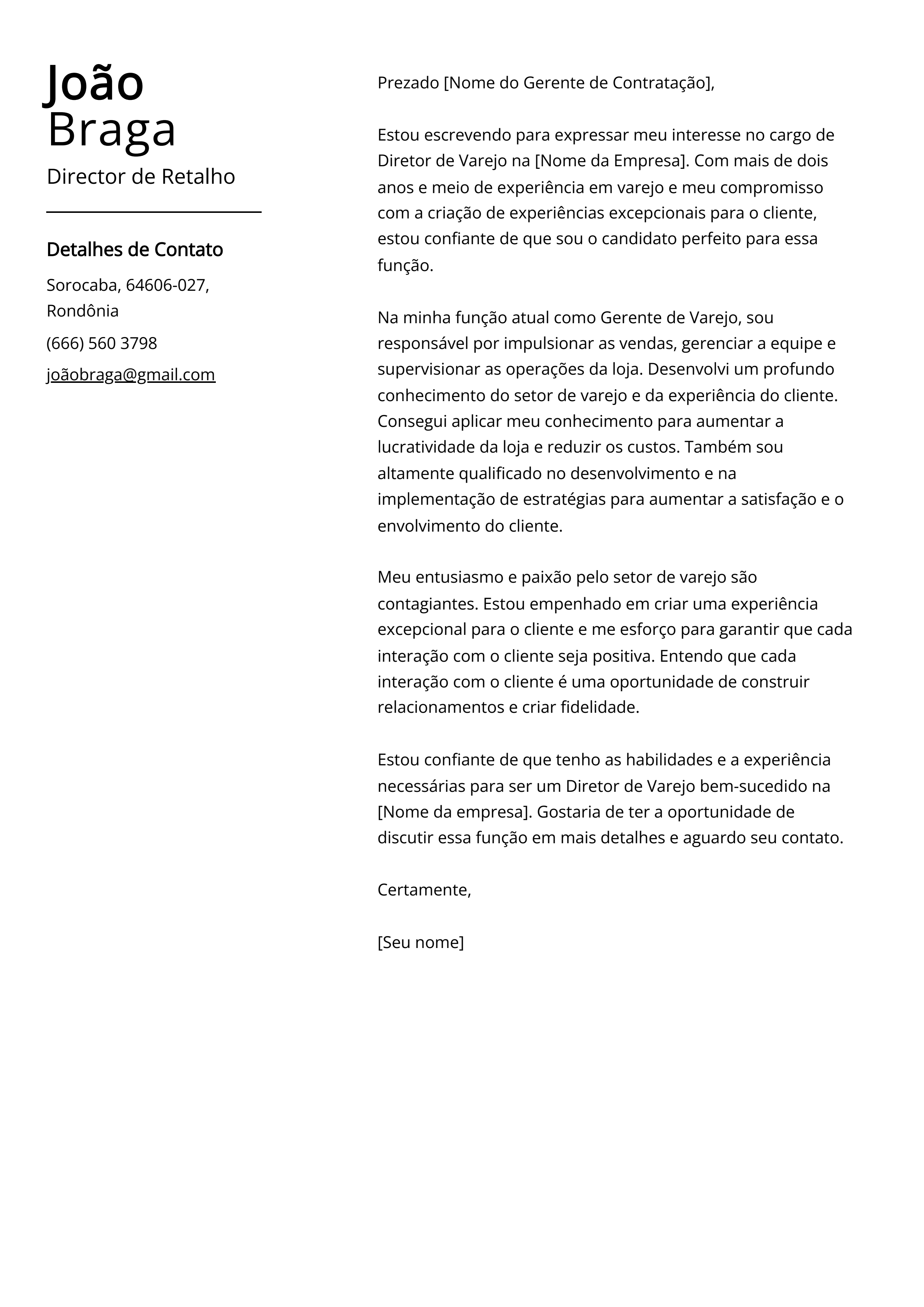 Exemplo de Carta de Apresentação de Diretor de Retalho