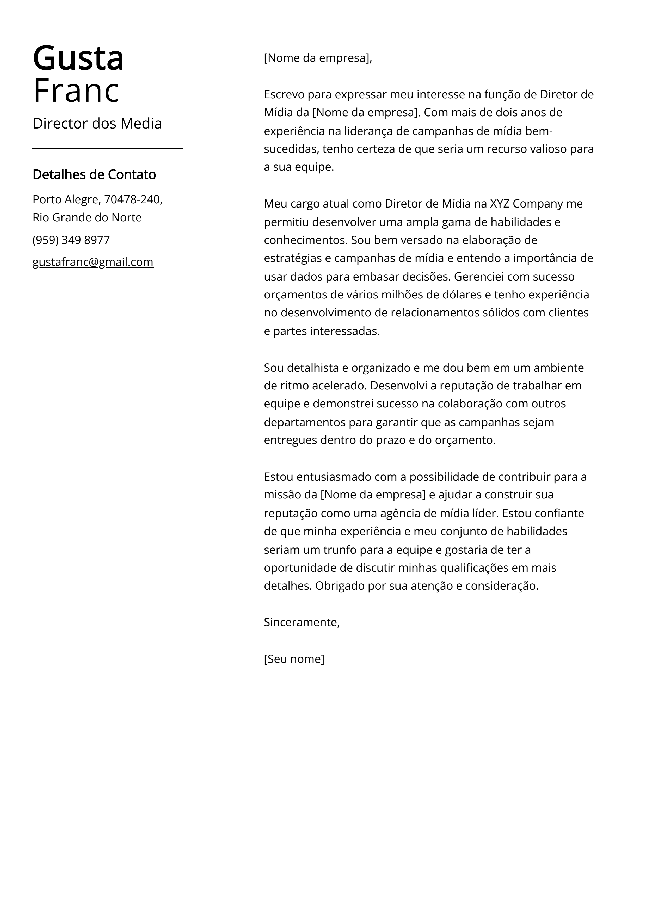 Exemplo de carta de apresentação do diretor de mídia