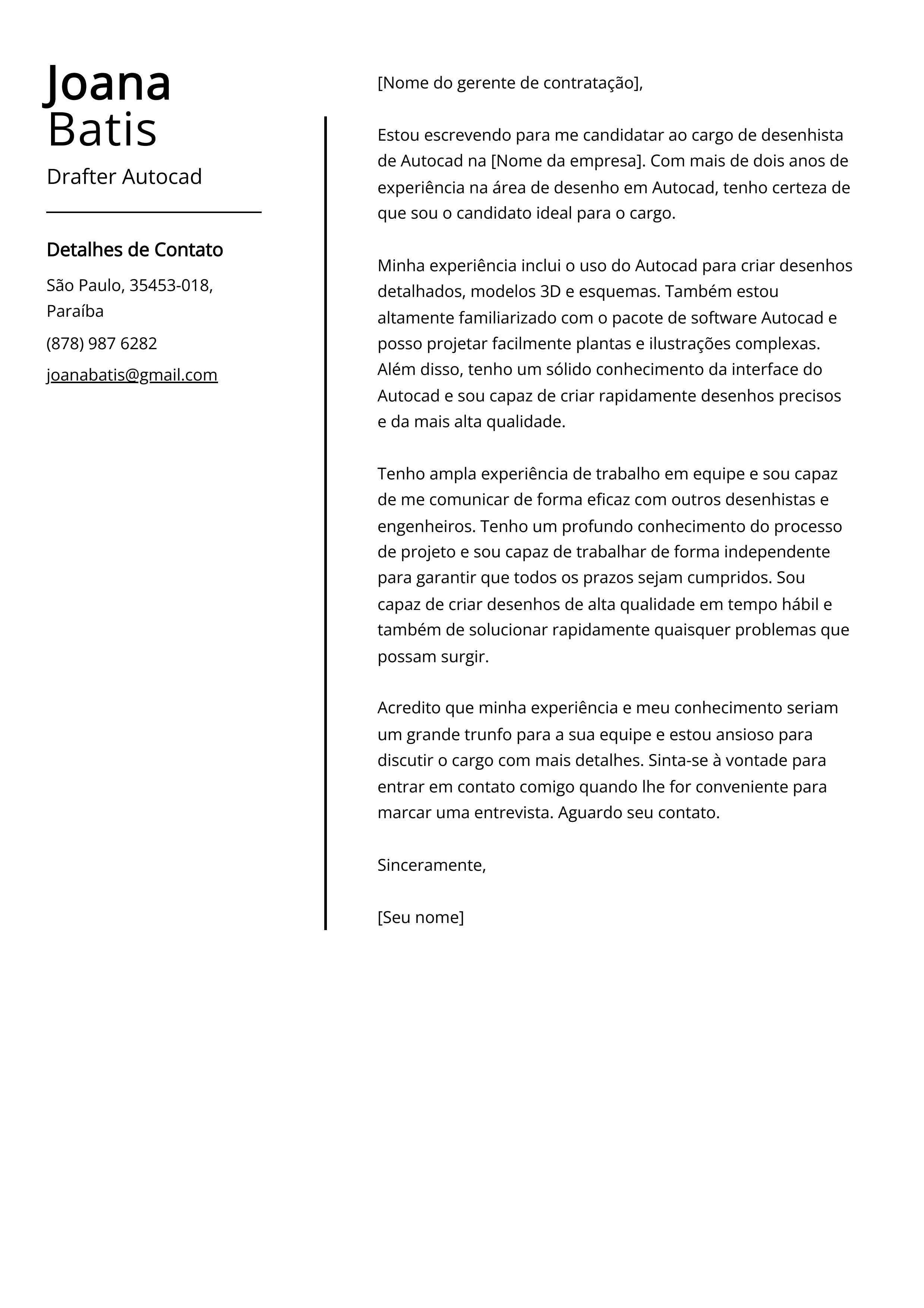 Exemplo de carta de apresentação para desenhista de Autocad