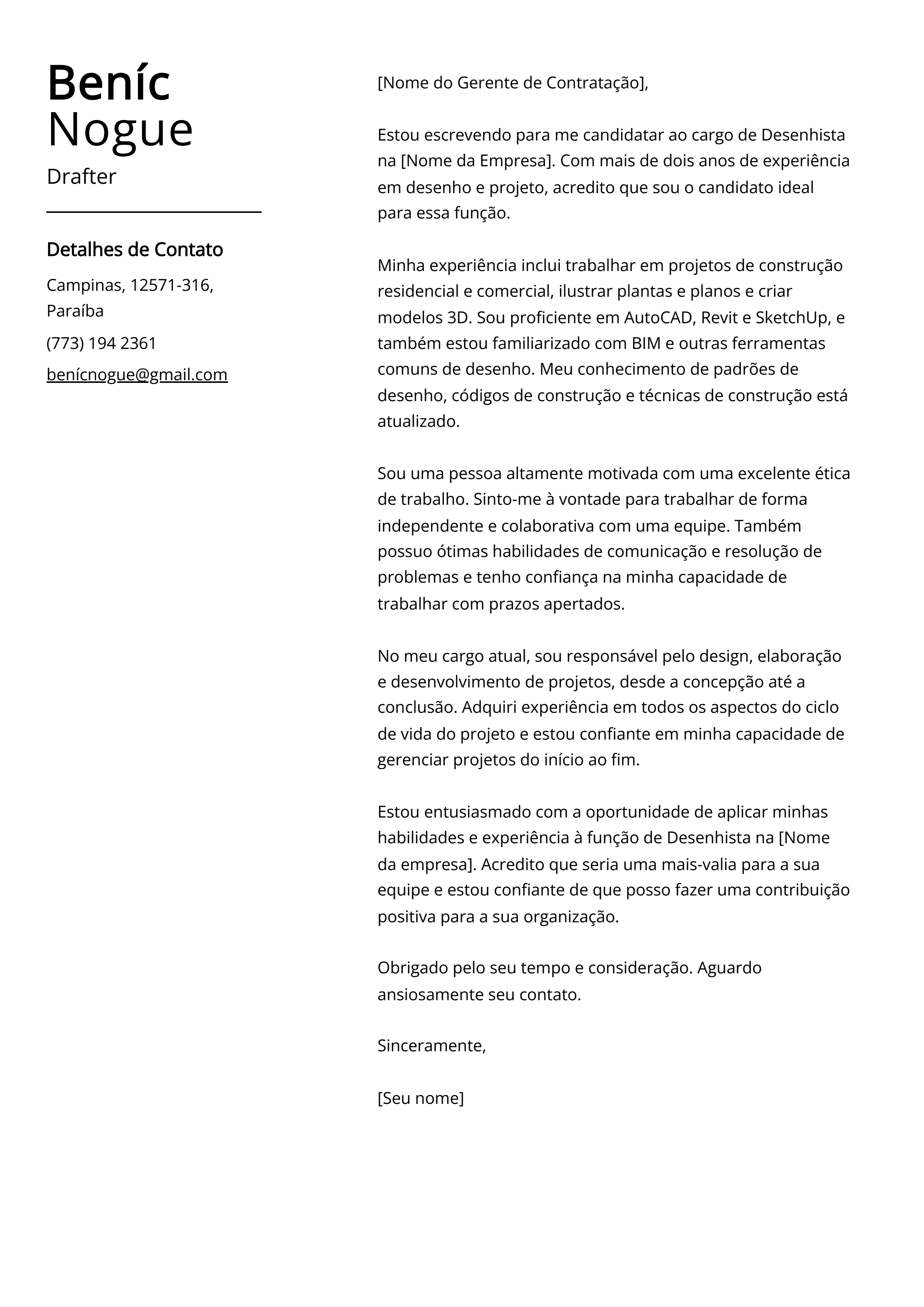 Exemplo de carta de apresentação Drafter