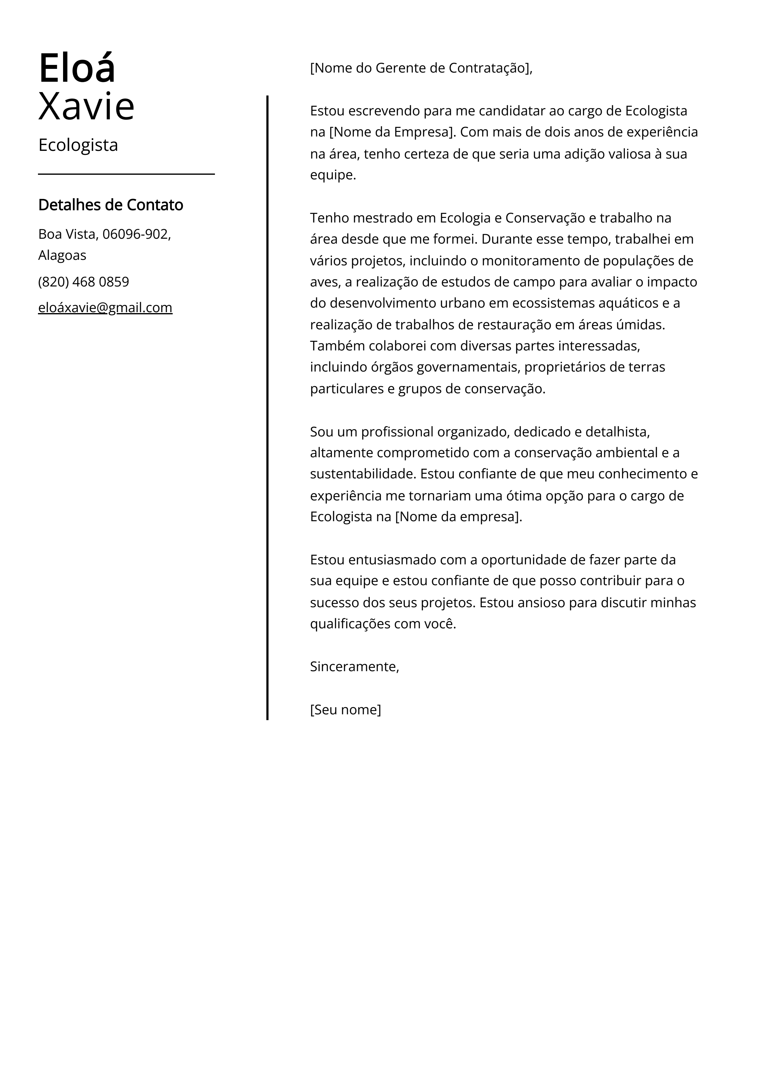 Exemplo de carta de apresentação de Ecologista.