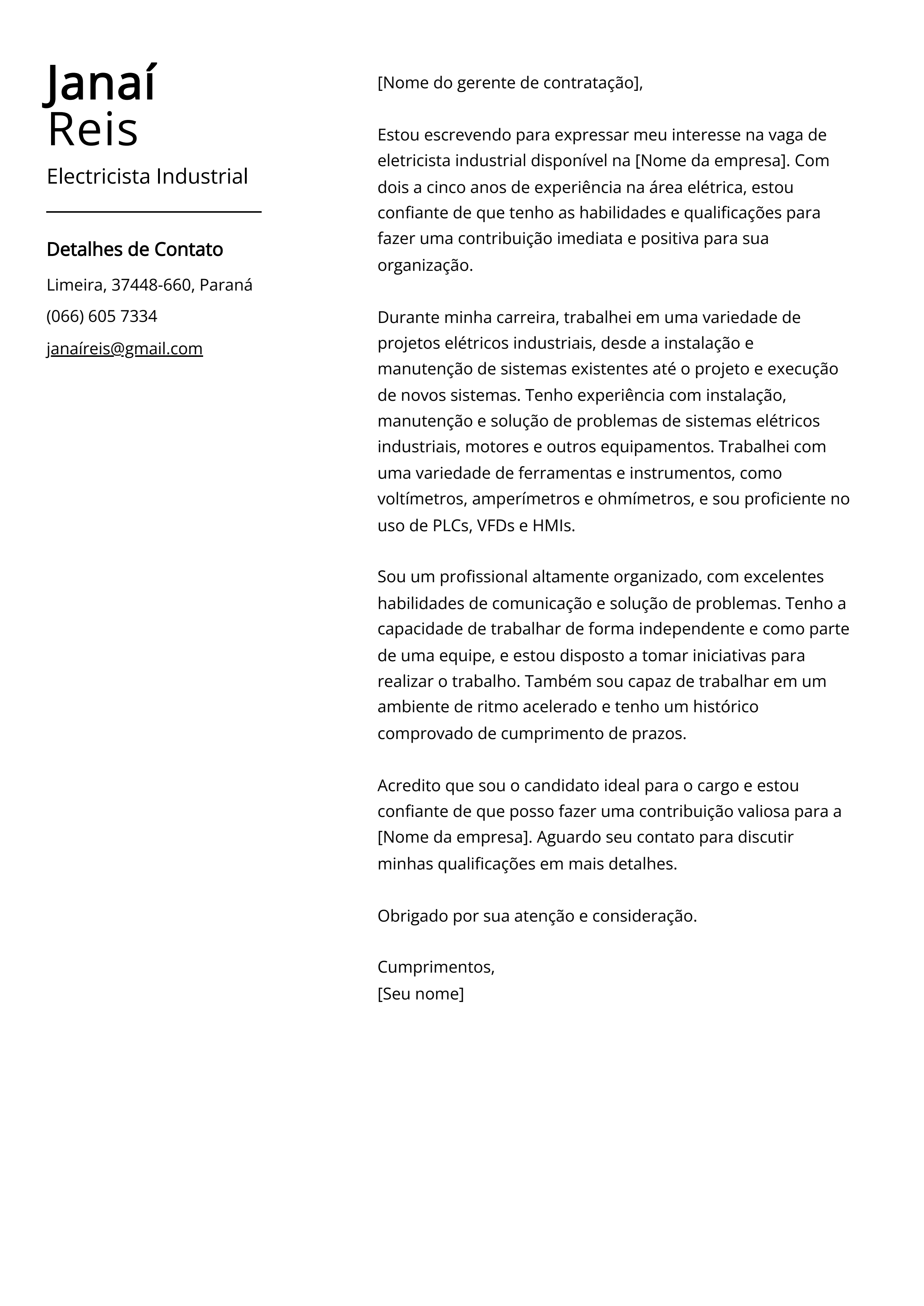 Exemplo de carta de apresentação de eletricista industrial