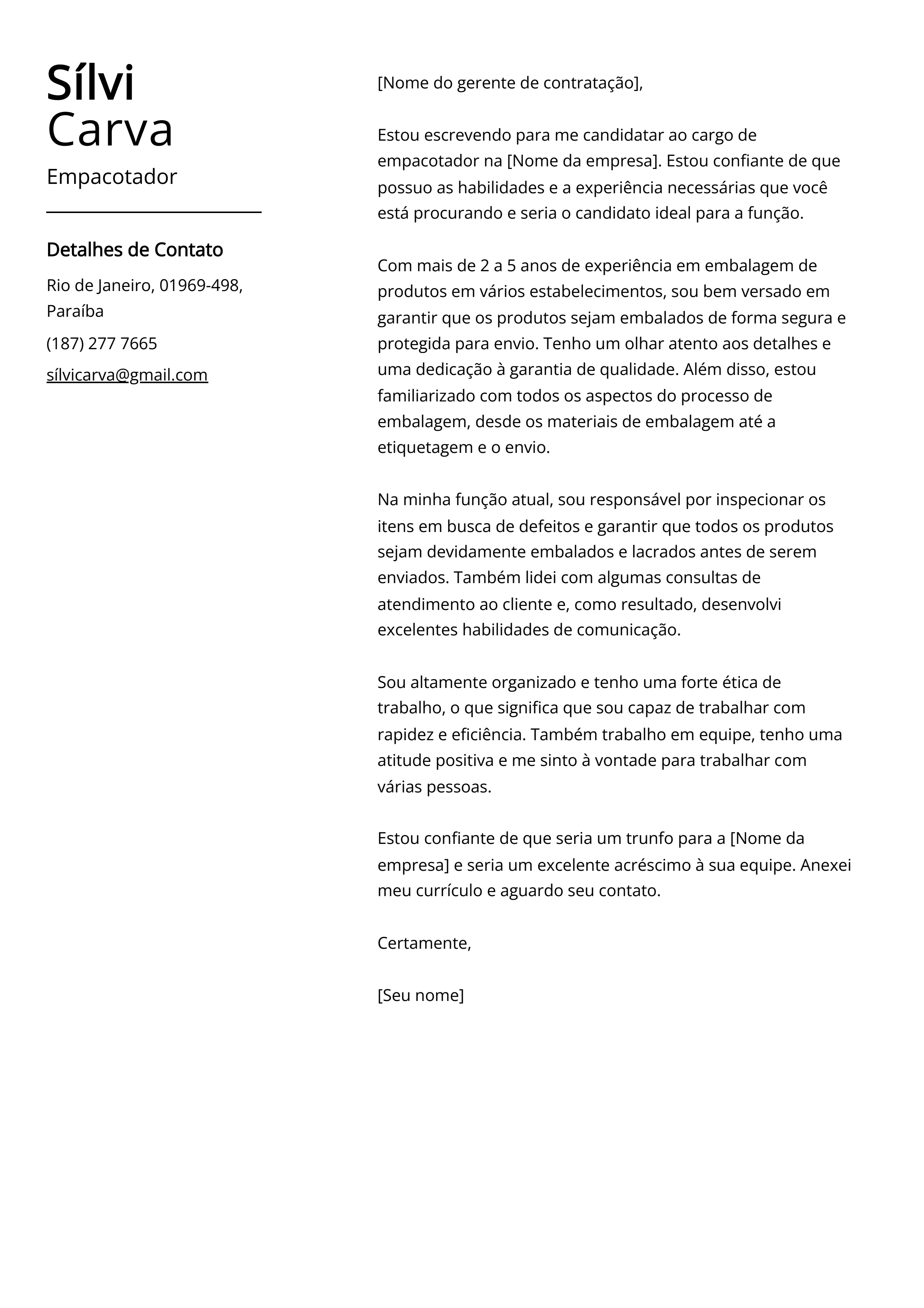 Exemplo de Carta de Apresentação de Empacotador