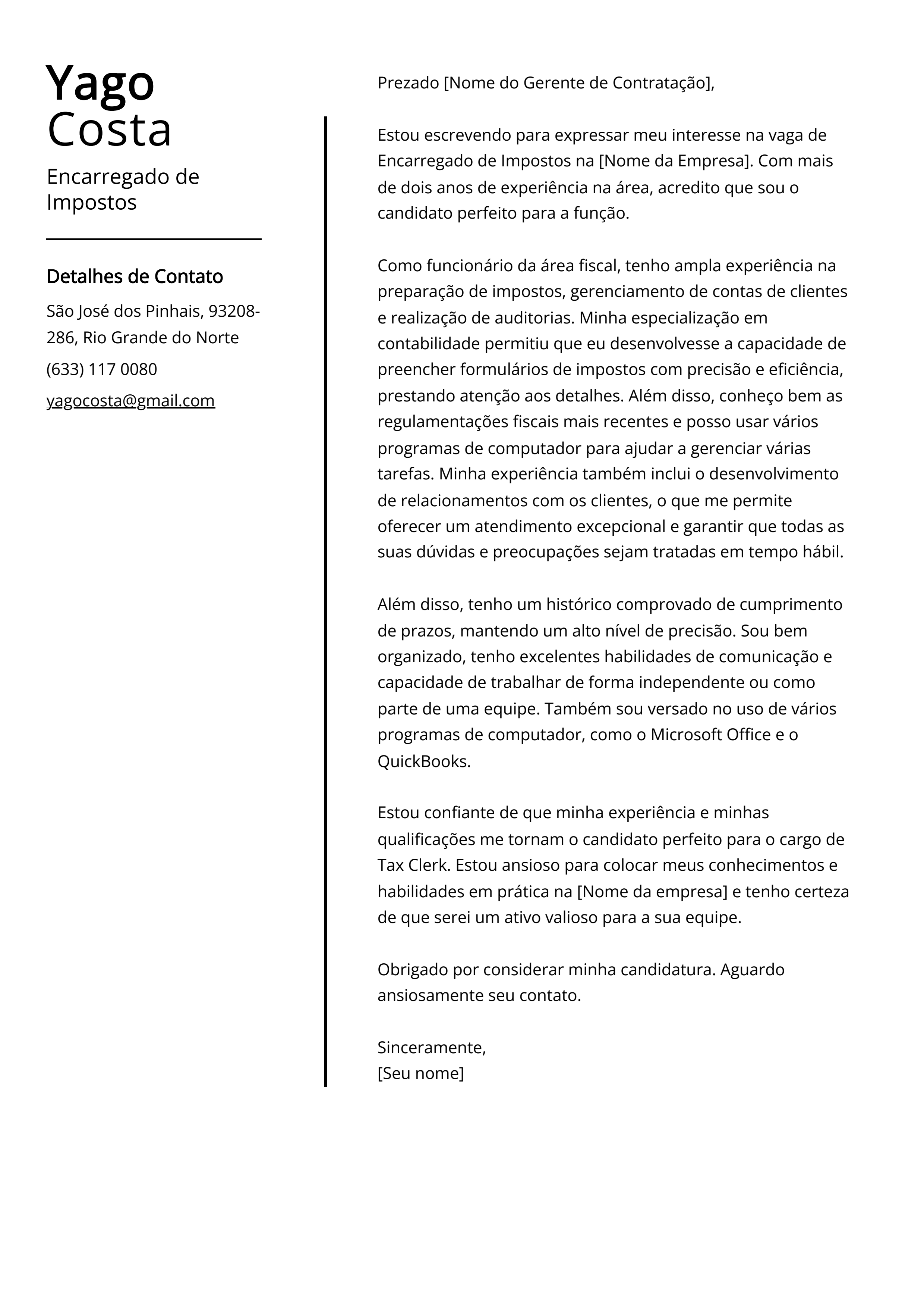 Exemplo de carta de apresentação do Encarregado de Impostos