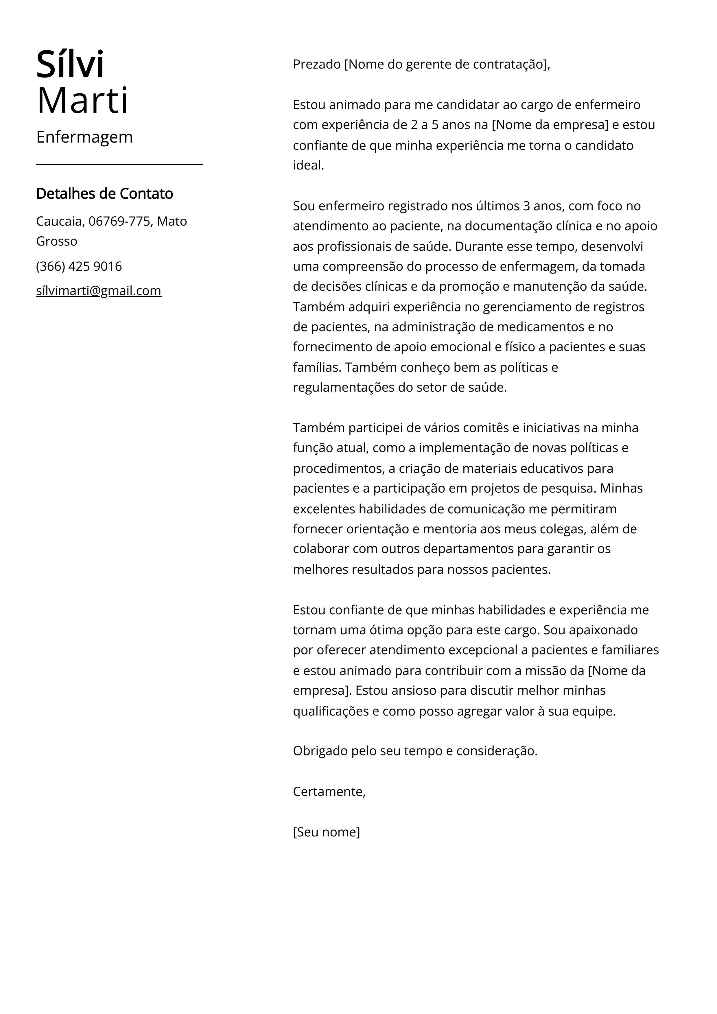 Exemplo de carta de apresentação de Enfermagem