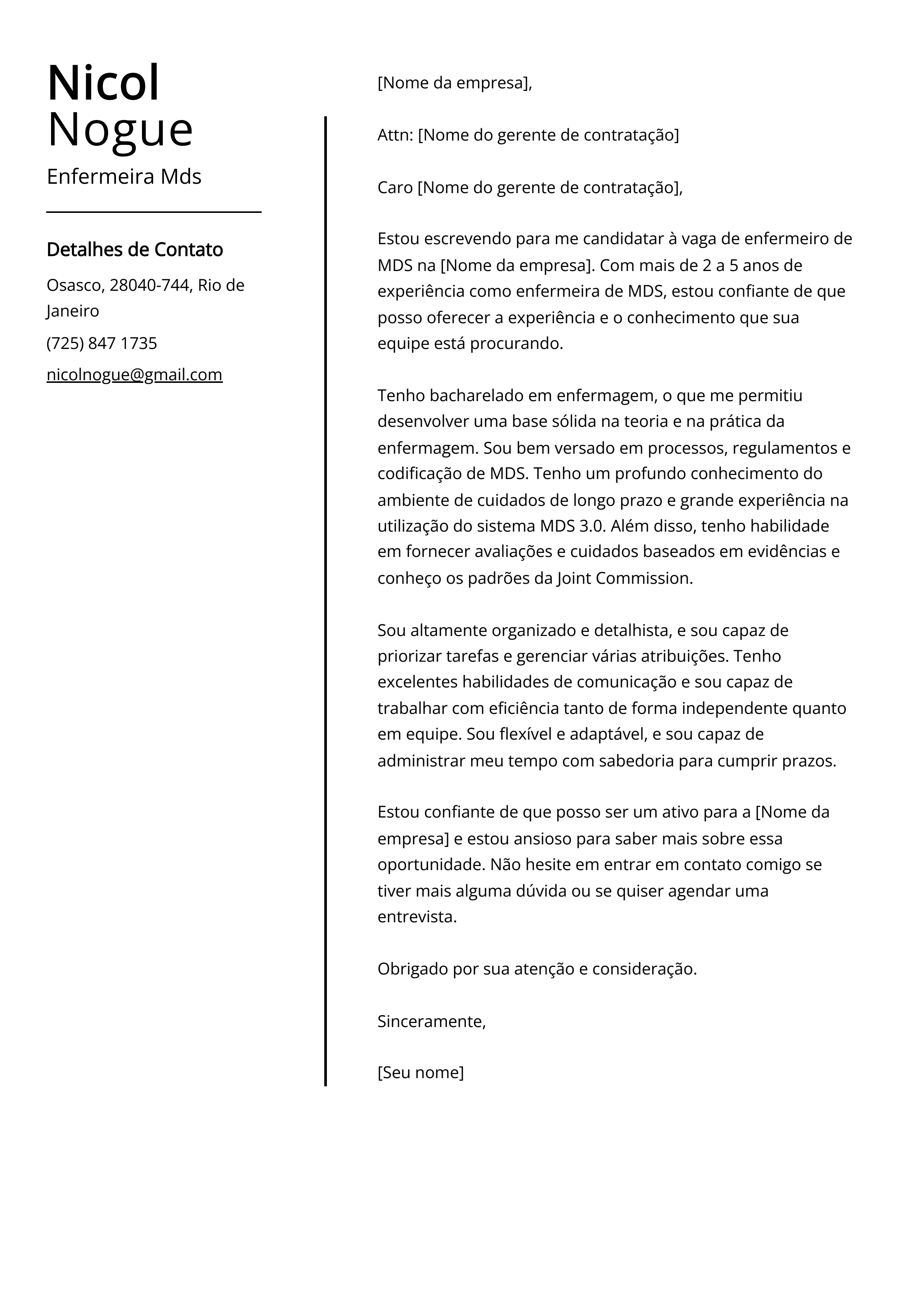 Exemplo de carta de apresentação da Enfermeira Mds