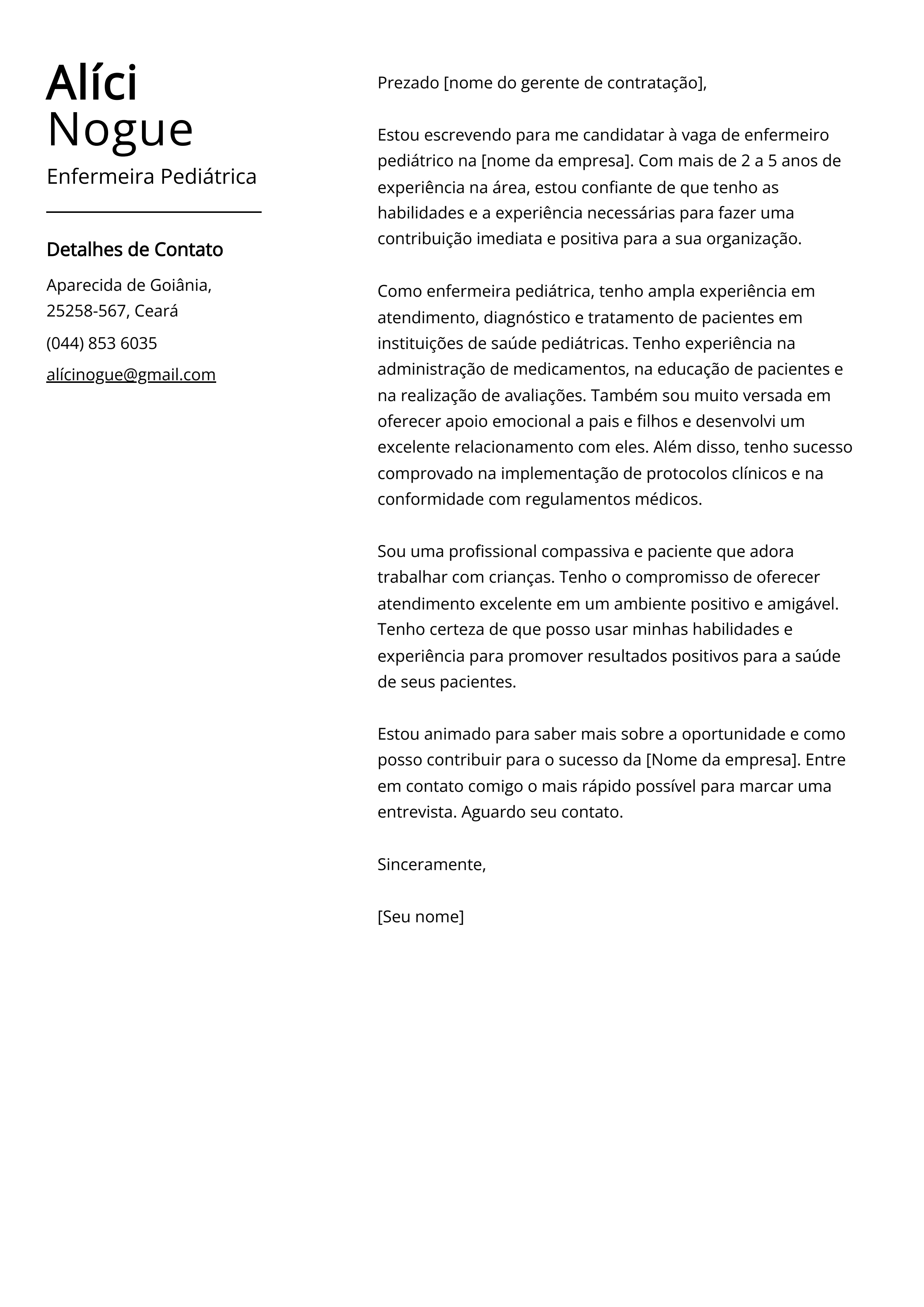 Exemplo de carta de apresentação da Enfermeira Pediátrica