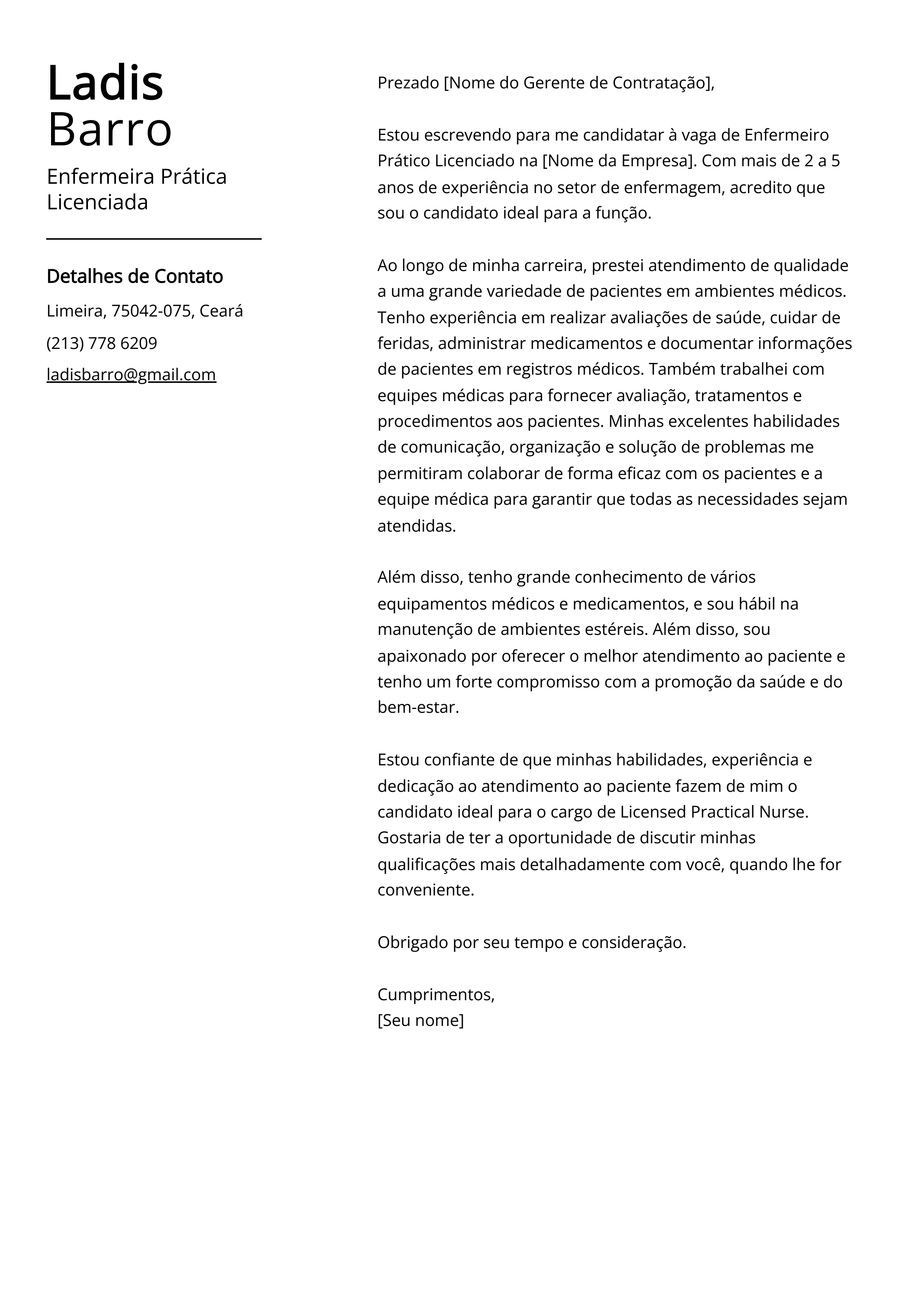 Exemplo de carta de apresentação da Enfermeira Prática Licenciada