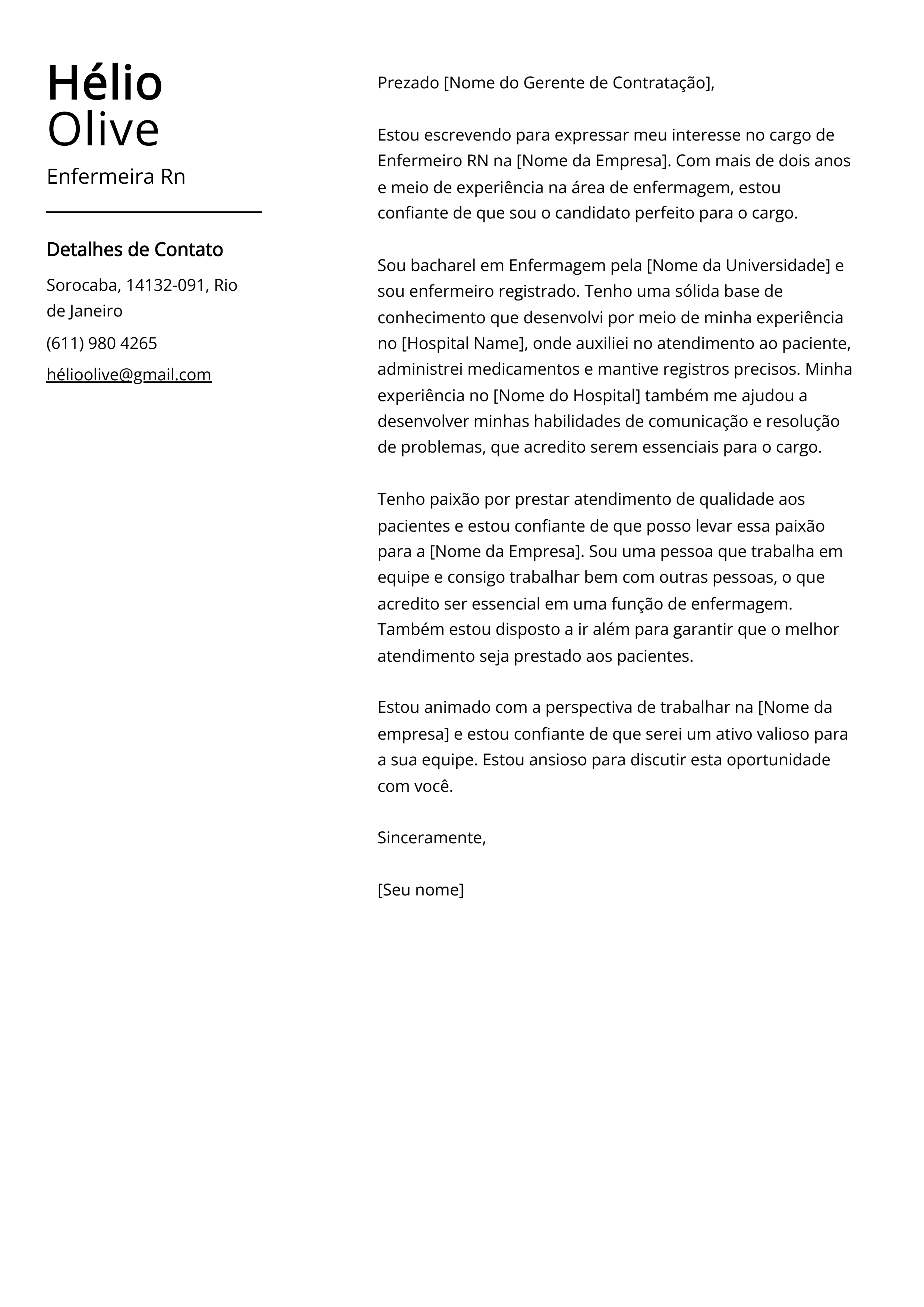 Exemplo de carta de apresentação da Enfermeira Rn