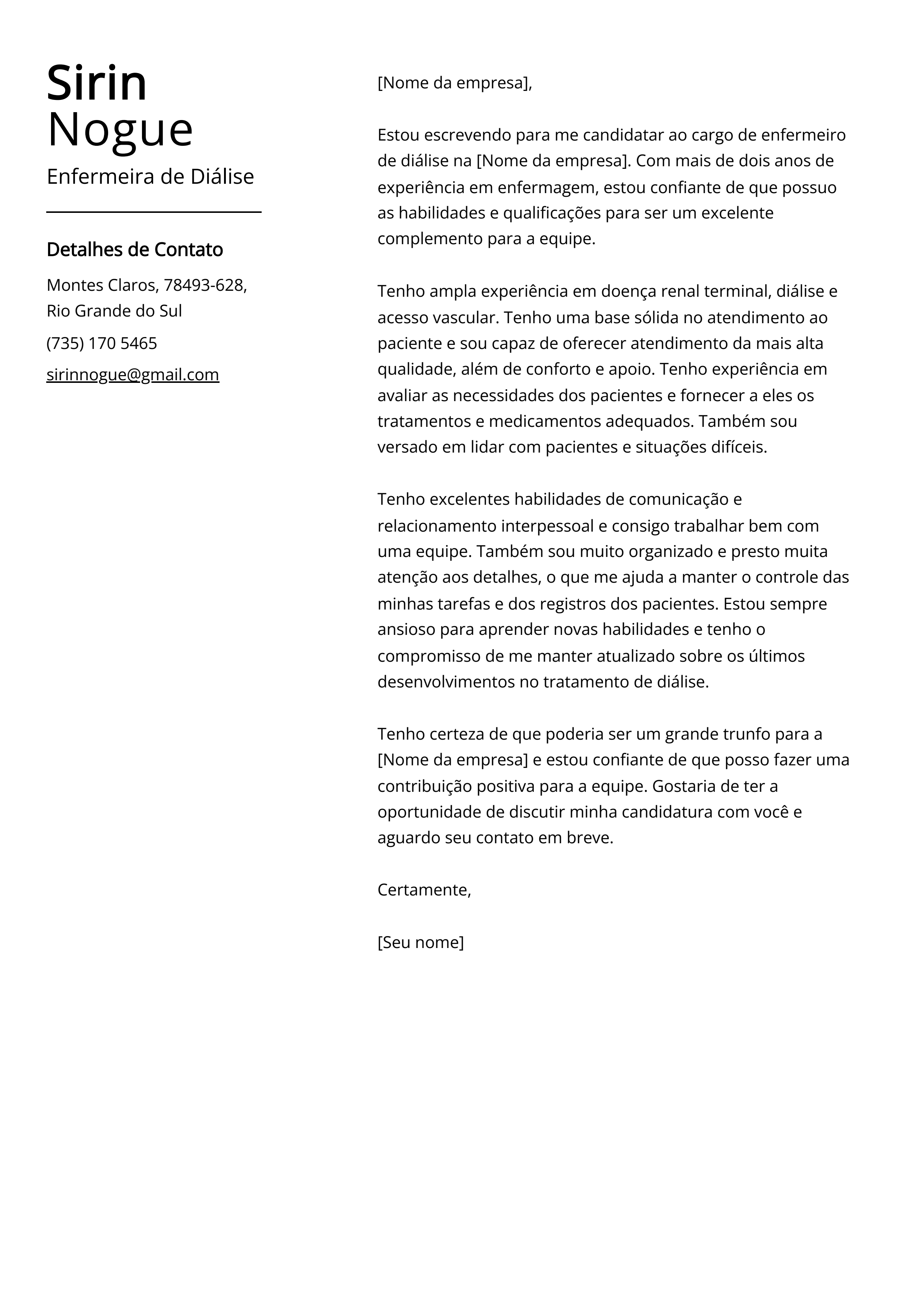 Exemplo de carta de apresentação da Enfermeira de Diálise